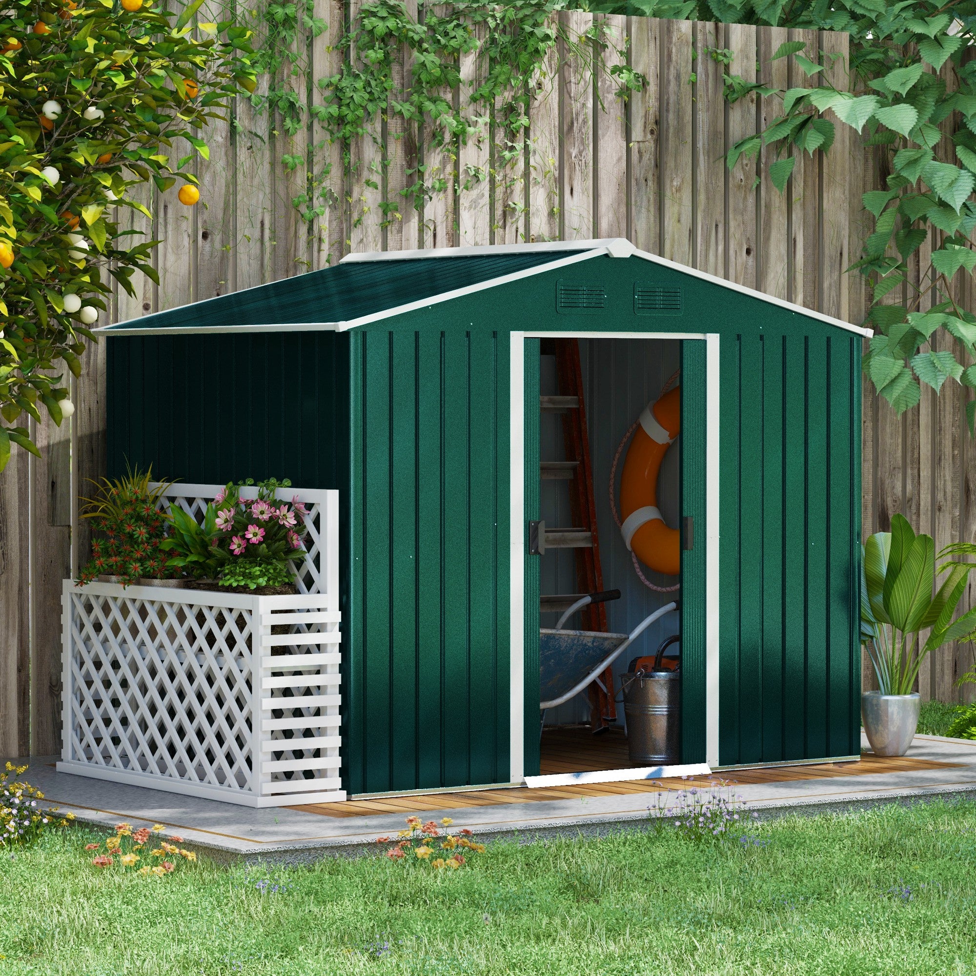 7.7 x 5.7ft Garden Shed, Ventilation Slots Sliding Doors Outdoor Tool Storage, Galvanised Green