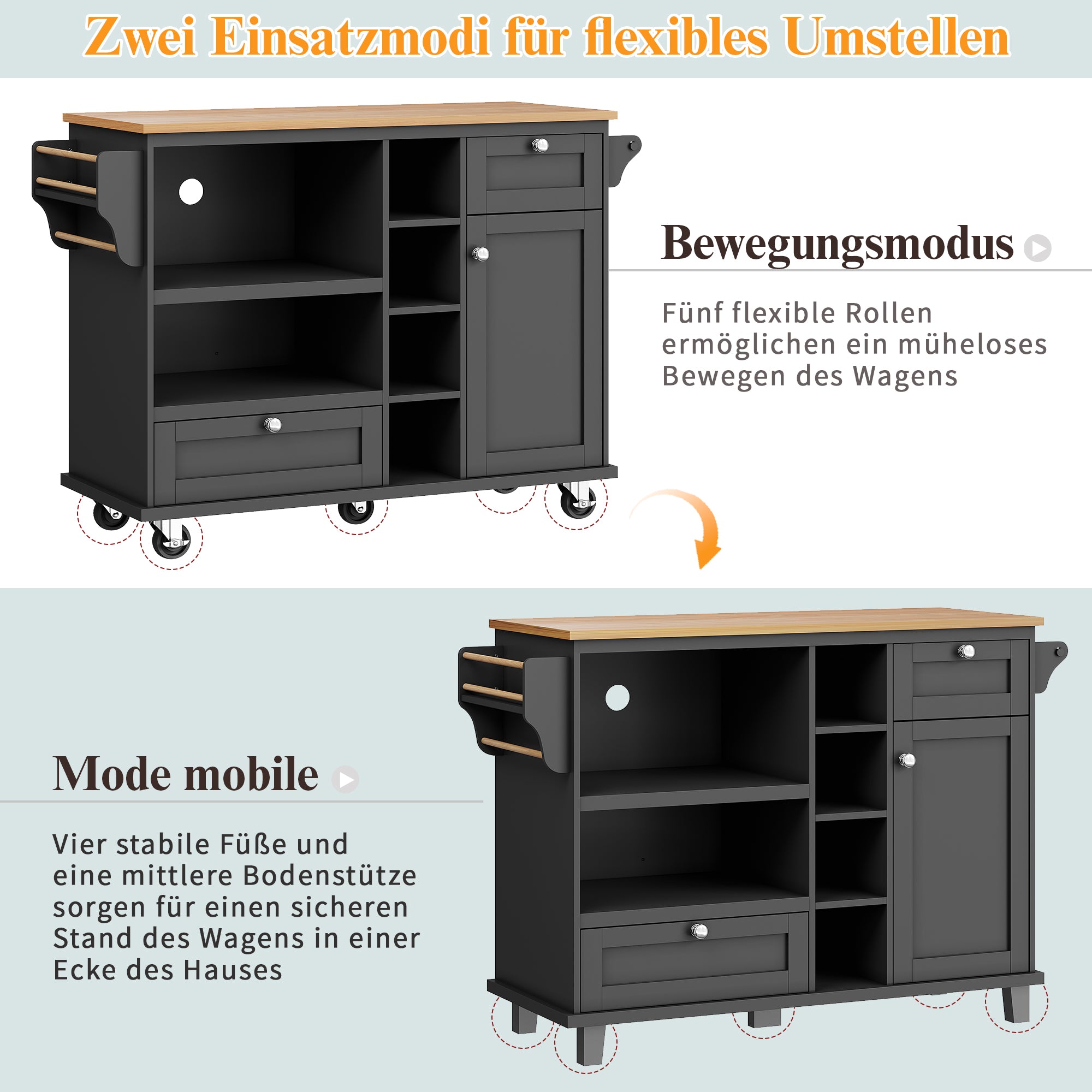 Dining Trolley Mobile Storage Drawers - Black/Light Brown Wood Top