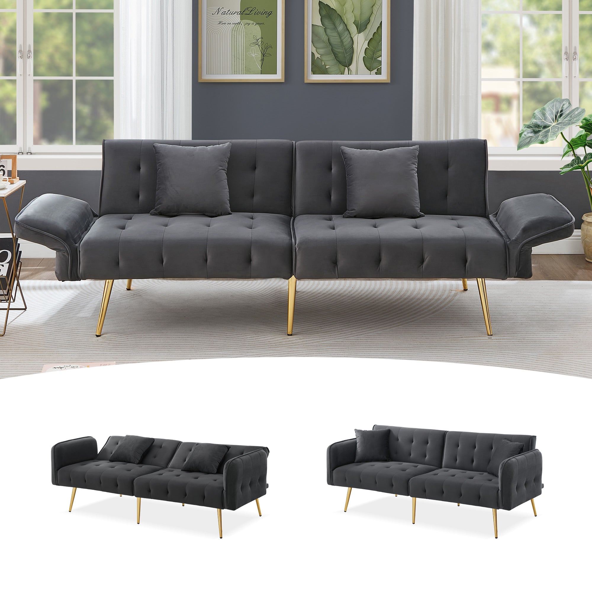Sofa Bed, Two-Seater Multifunctional with Adjustable Backrest & Armrests, Velour