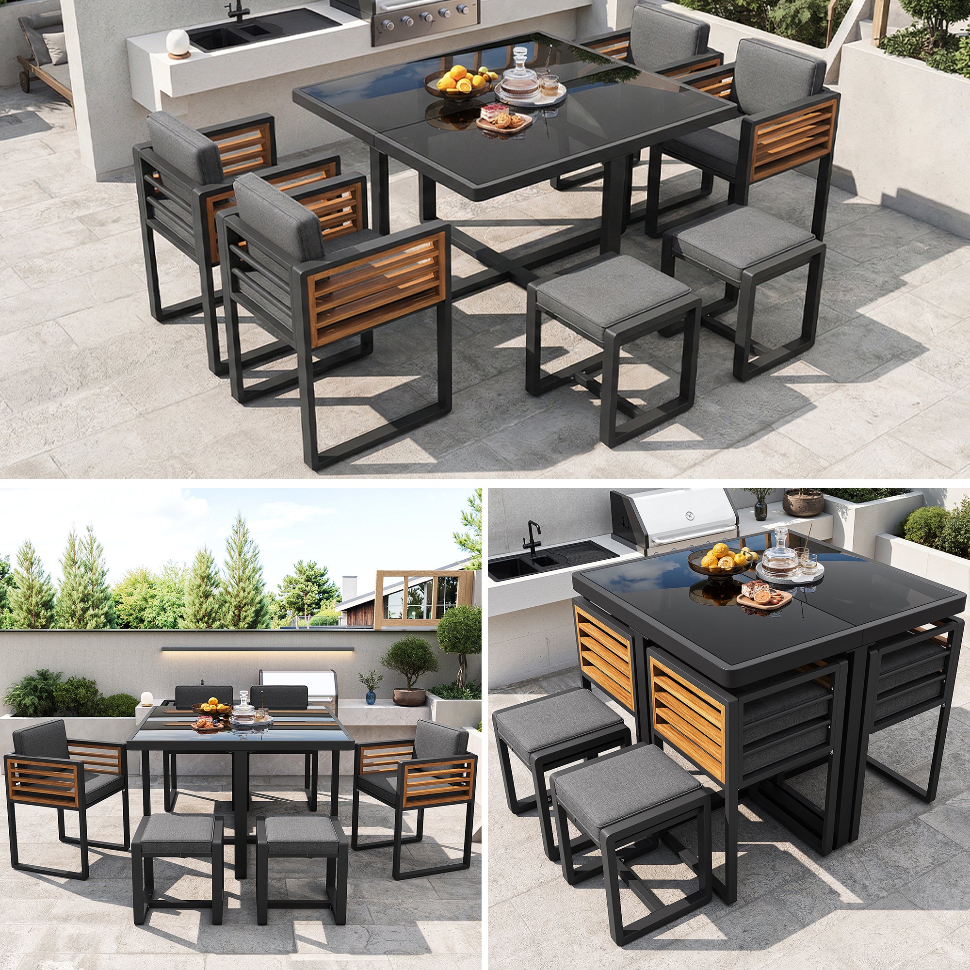 Garden Furniture Set with 6 Chairs and Table, Glass Tabletop