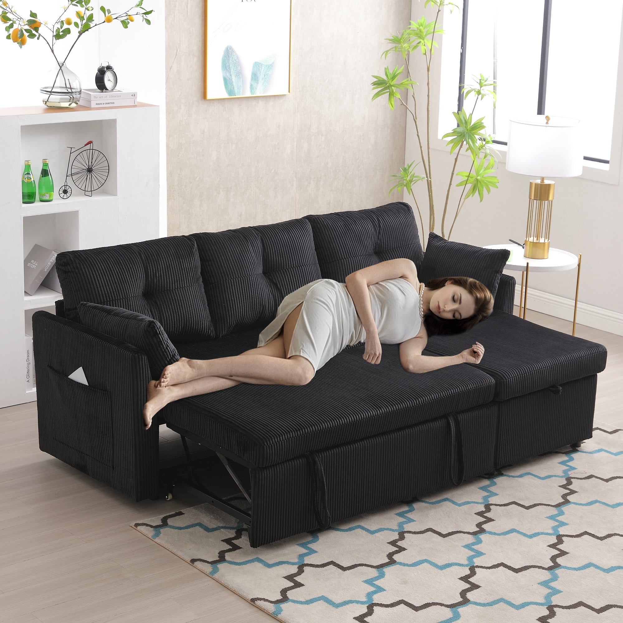 Sofa Bed, Multi-functional with Storage & Pull-Out Bed, L-Shaped Sectional