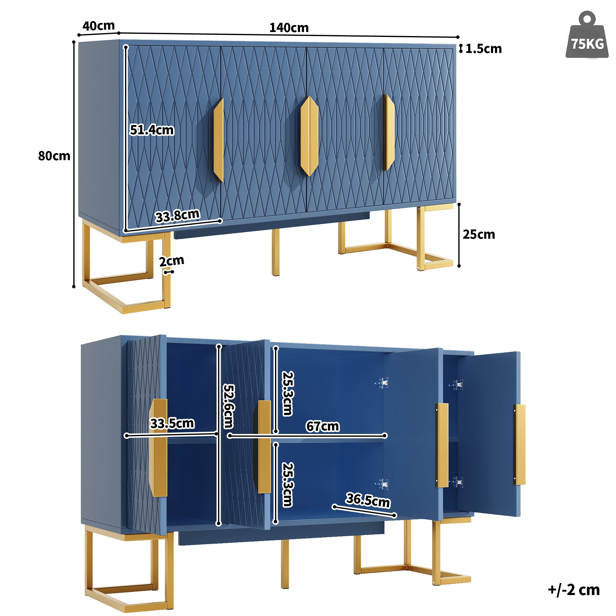 Modern Side Cabinet 140x80cm 4 Doors Adjustable Shelves - Blue/Black