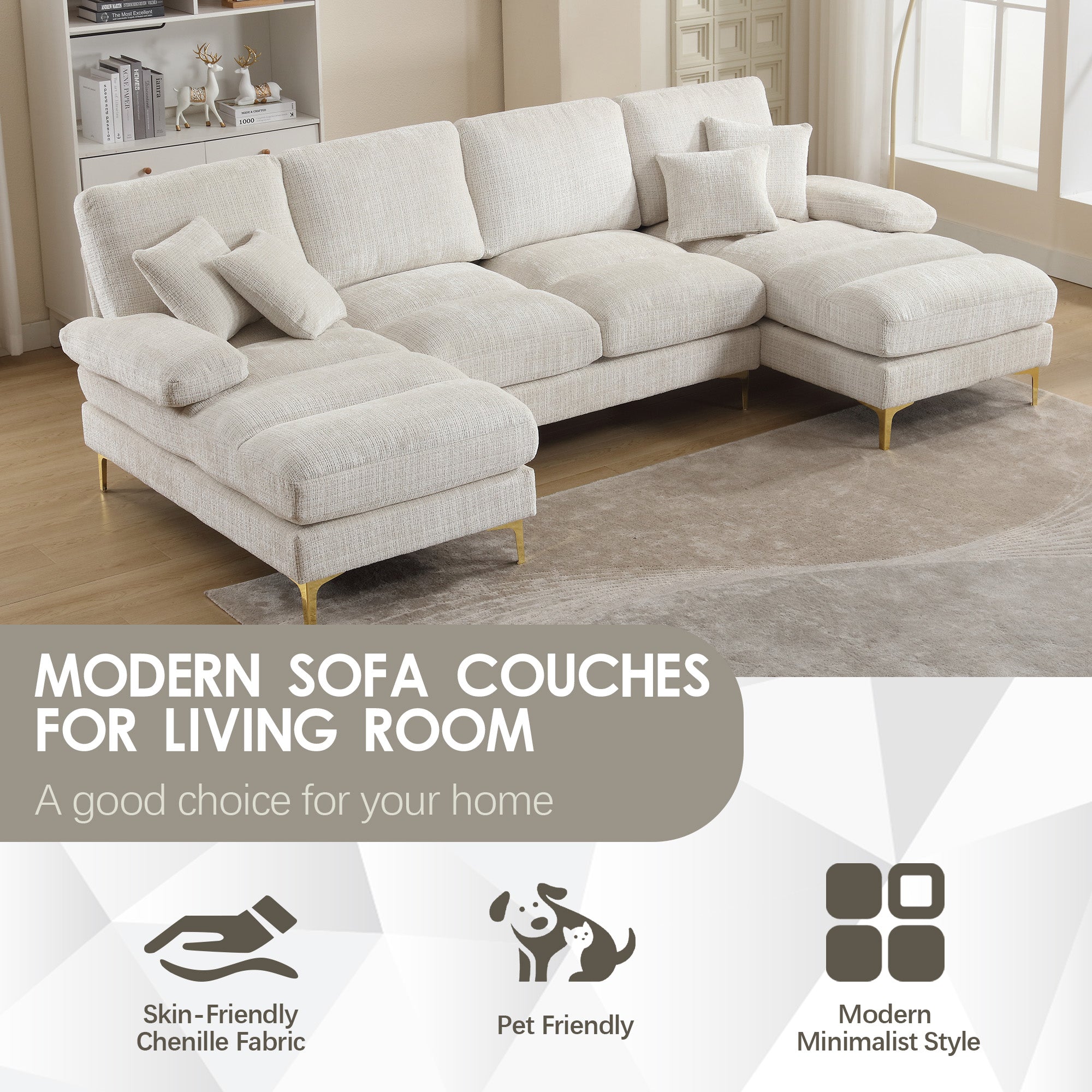 Sectional Couches for Living Room U-Shaped Modular Sofa with Double Chaise Chenille Fabric