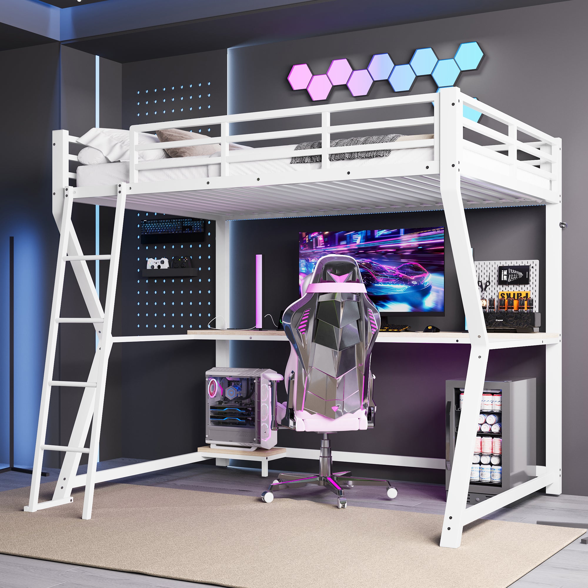 Loft Bed 90x200cm Desk LED USB Port Stairs - White