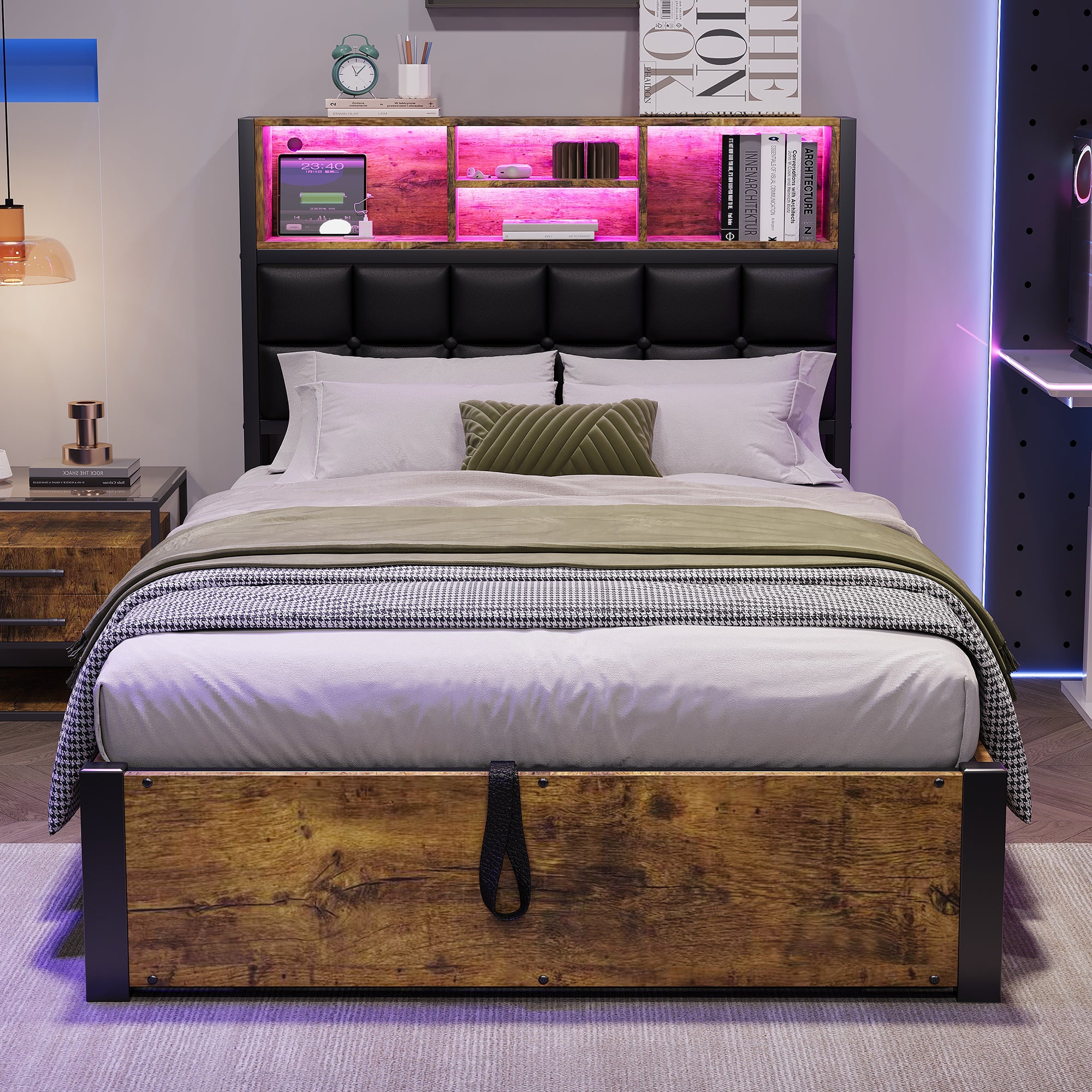 Hydraulic Metal Bed with Charging Port, LED Light, and Storage Headboard, Black + Wood