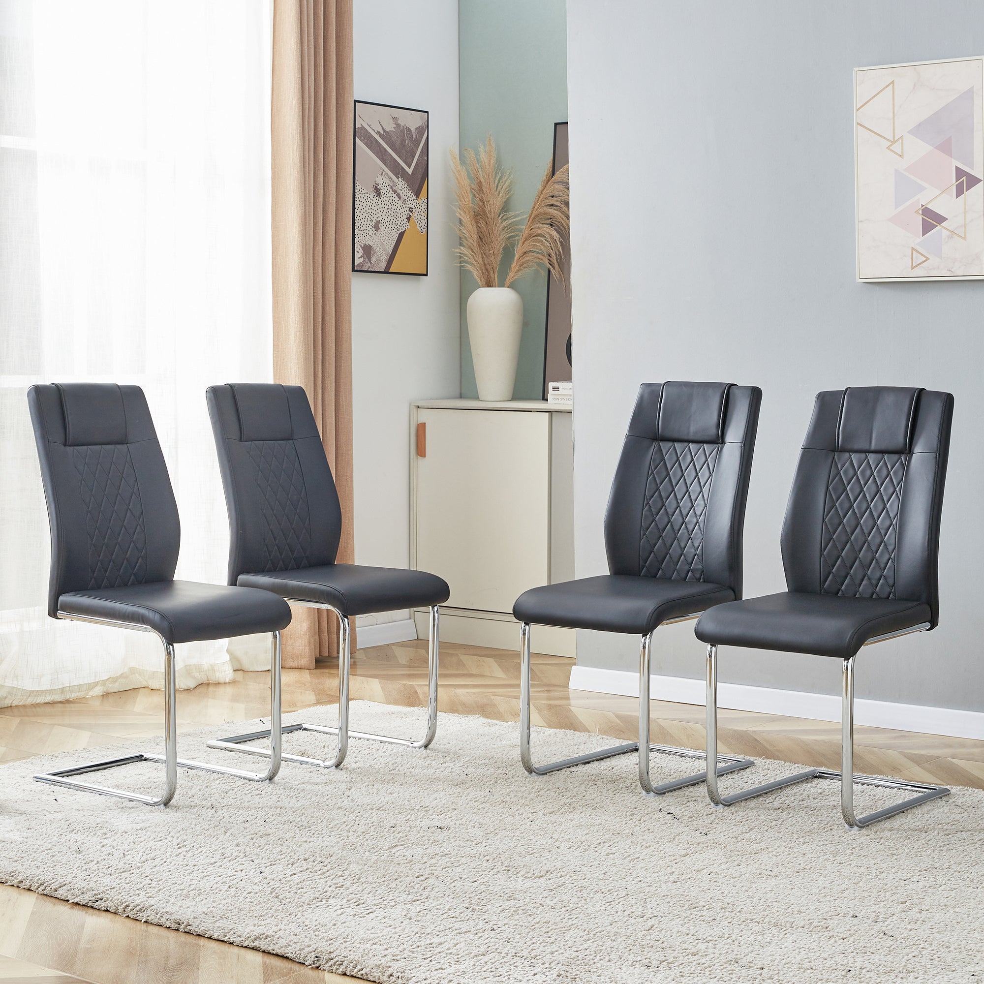 Dining Chair, Nordic Style Mesh Stitching with Silver Metal Legs, Black PU