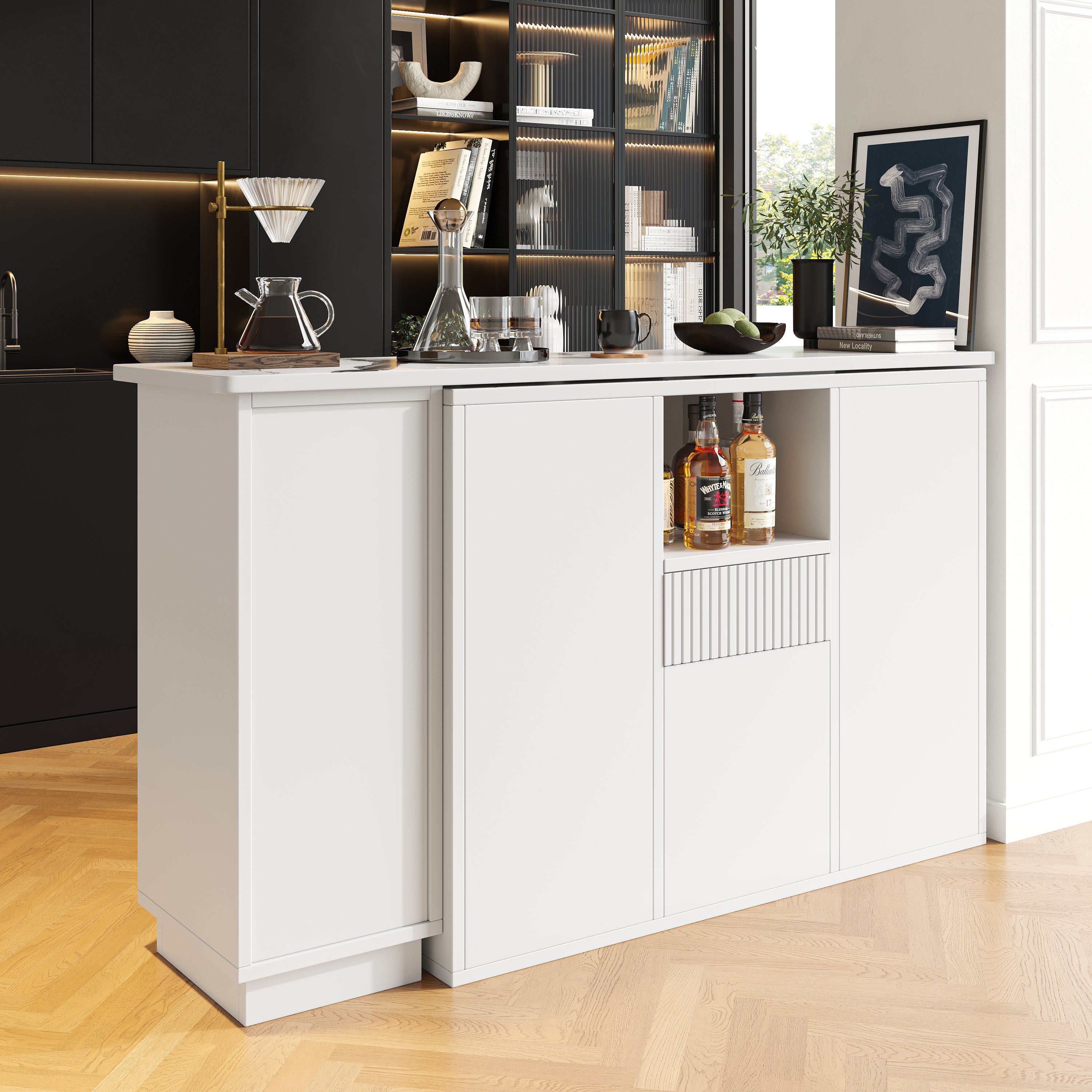 360° Swivelling Bar Table with Open Storage and Marble Worktop, White