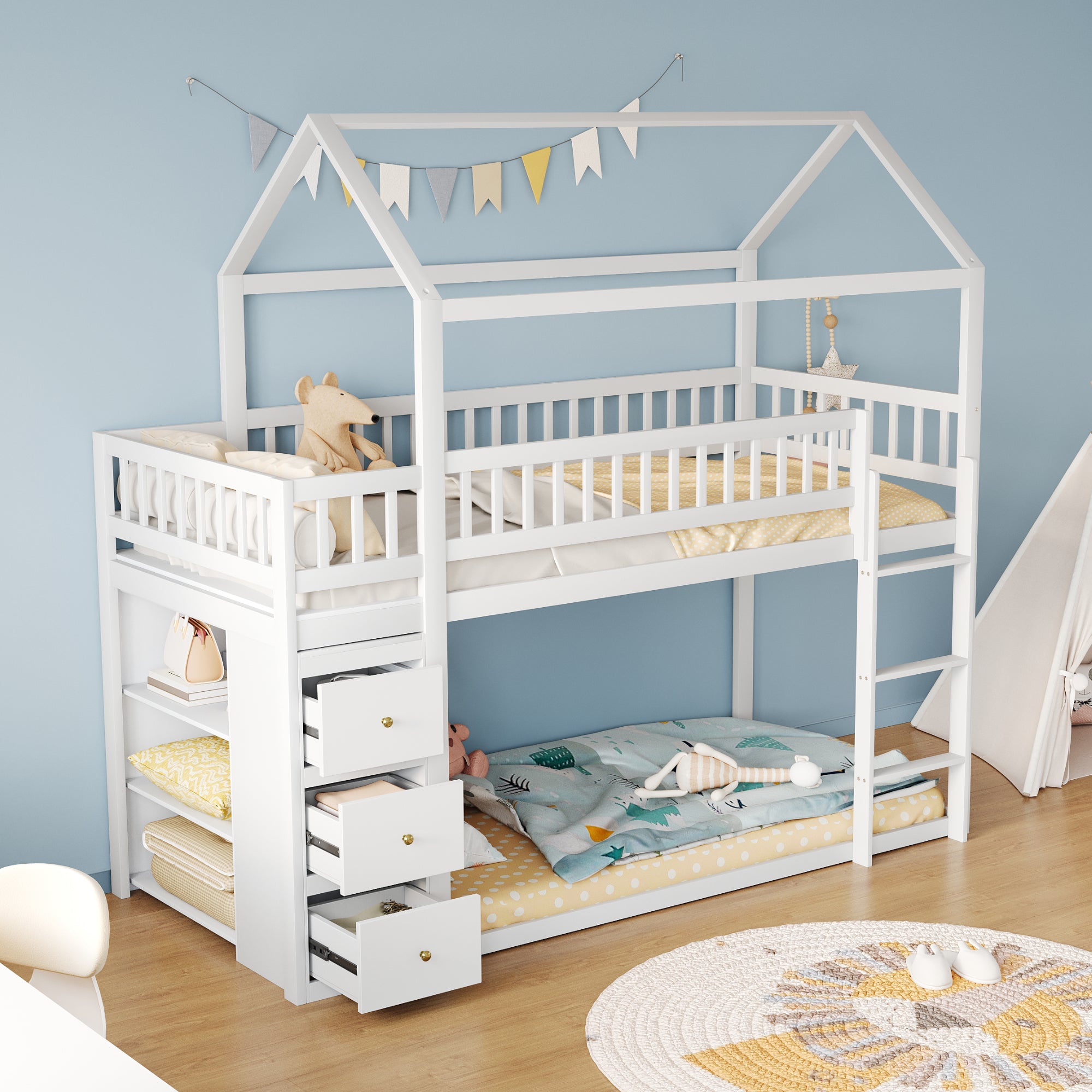 Bunk Bed, House Shape with Storage and Ladder, Solid Wood, White