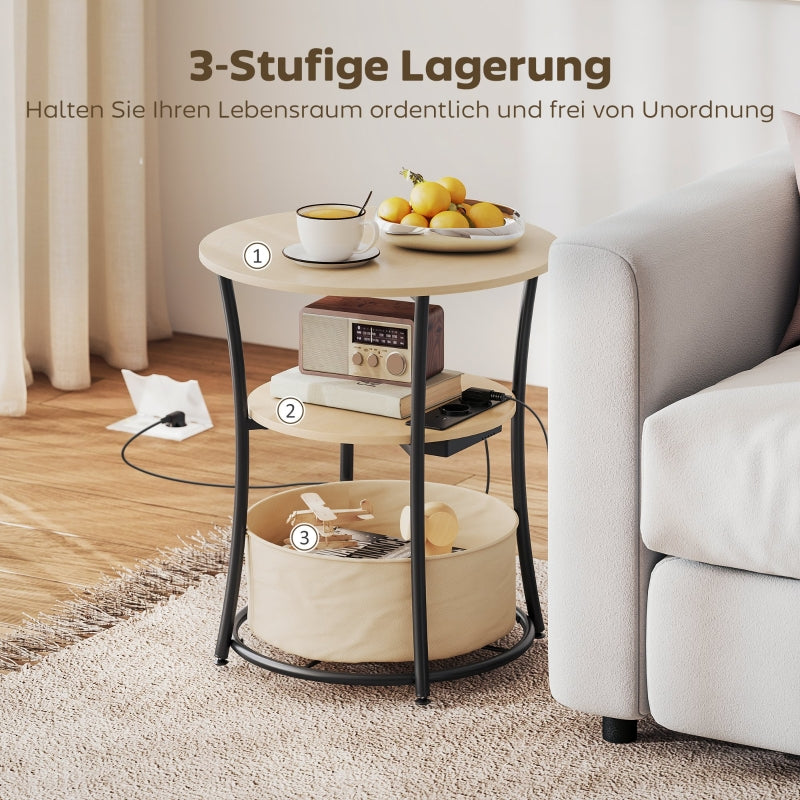 Side Table, 3-Tier with Charging Station & Storage Bag, Natural Wood