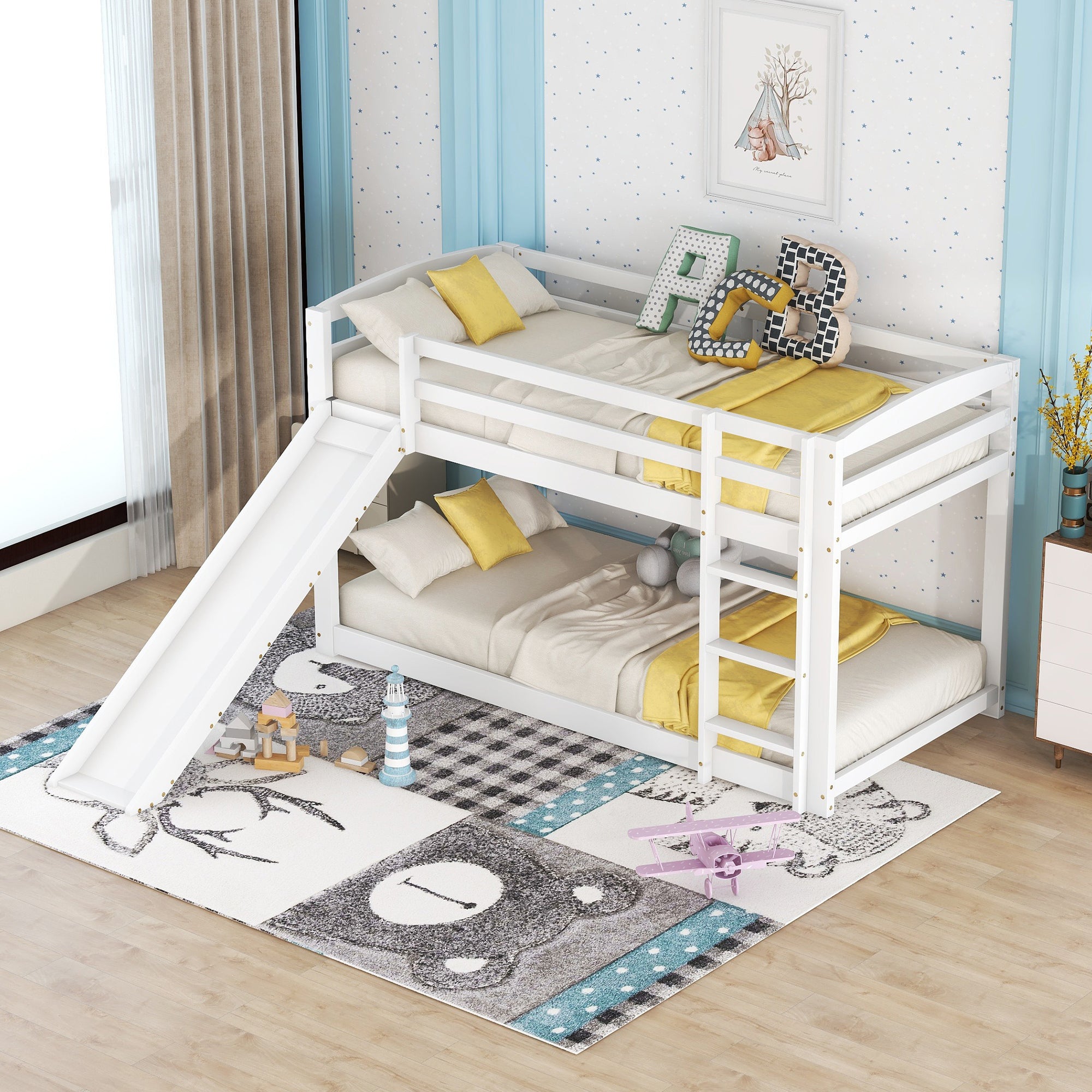 Bunk Bed with Slide, Solid Wood Frame, Easy Assembly, 90x200cm, White