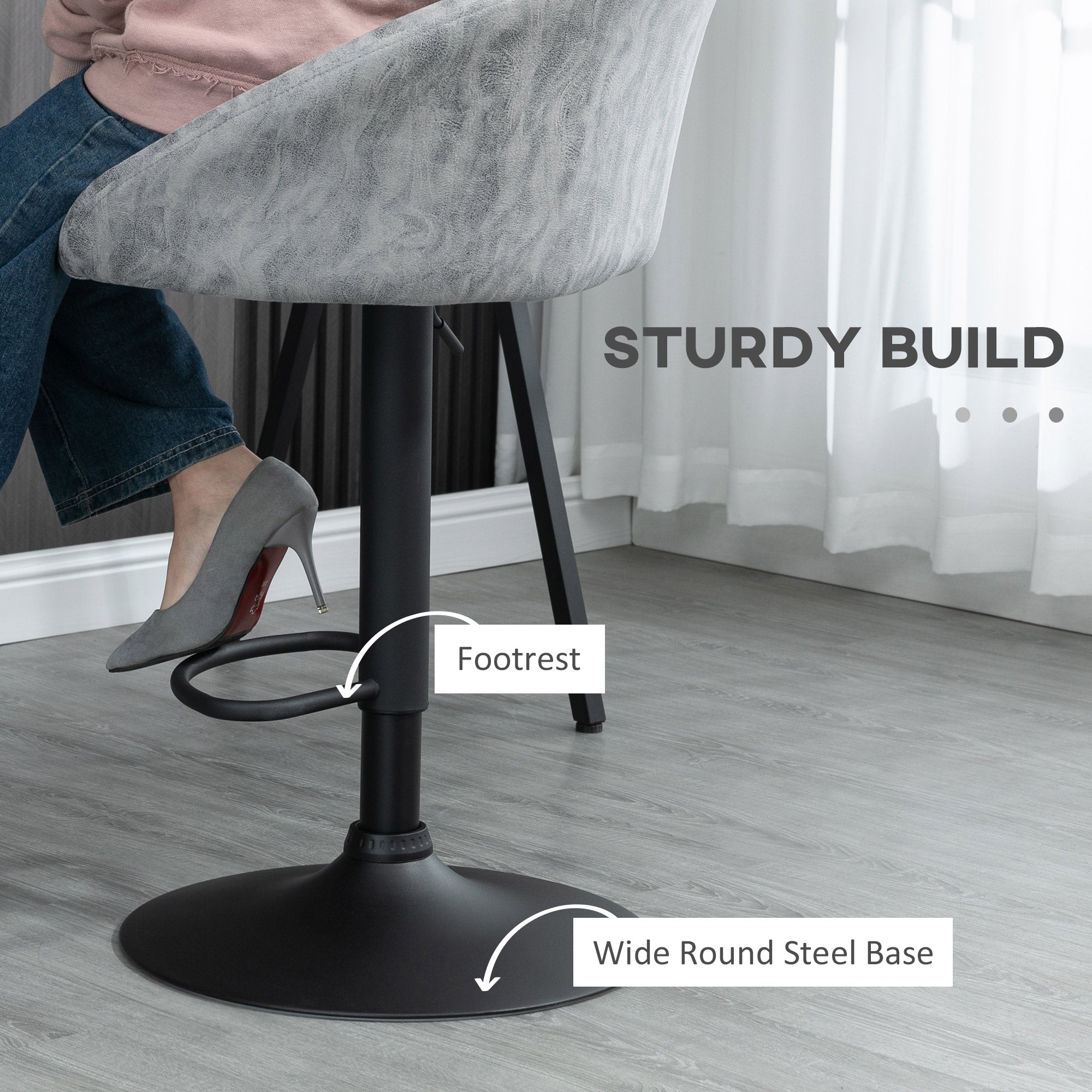 Modern Bar Stools - Height Adjustable Swivel Barstools with Backrest, Armrests and Footrest, Light Grey PU Leather