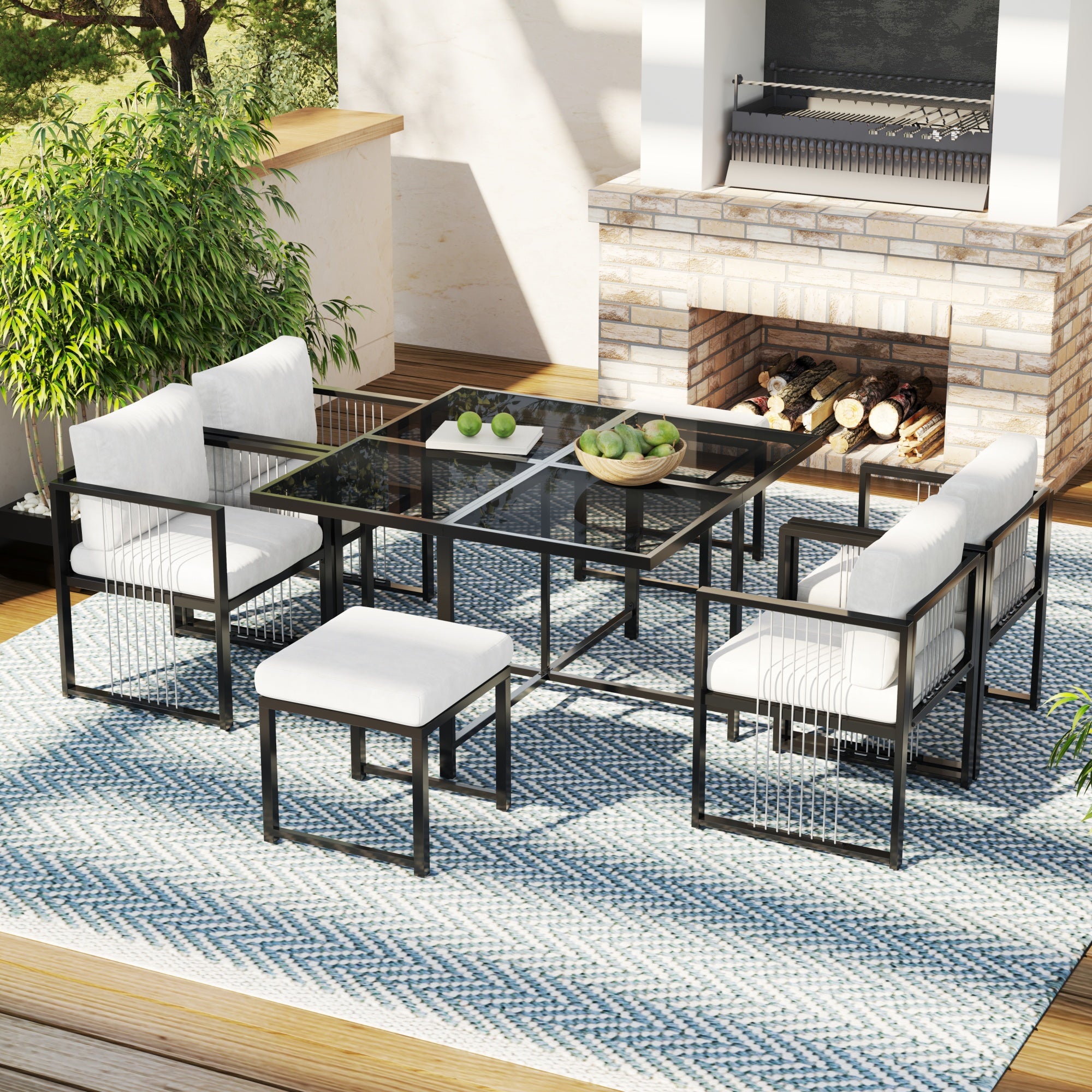Outdoor Dining Set 7-Piece 6-Person Tempered Glass Table