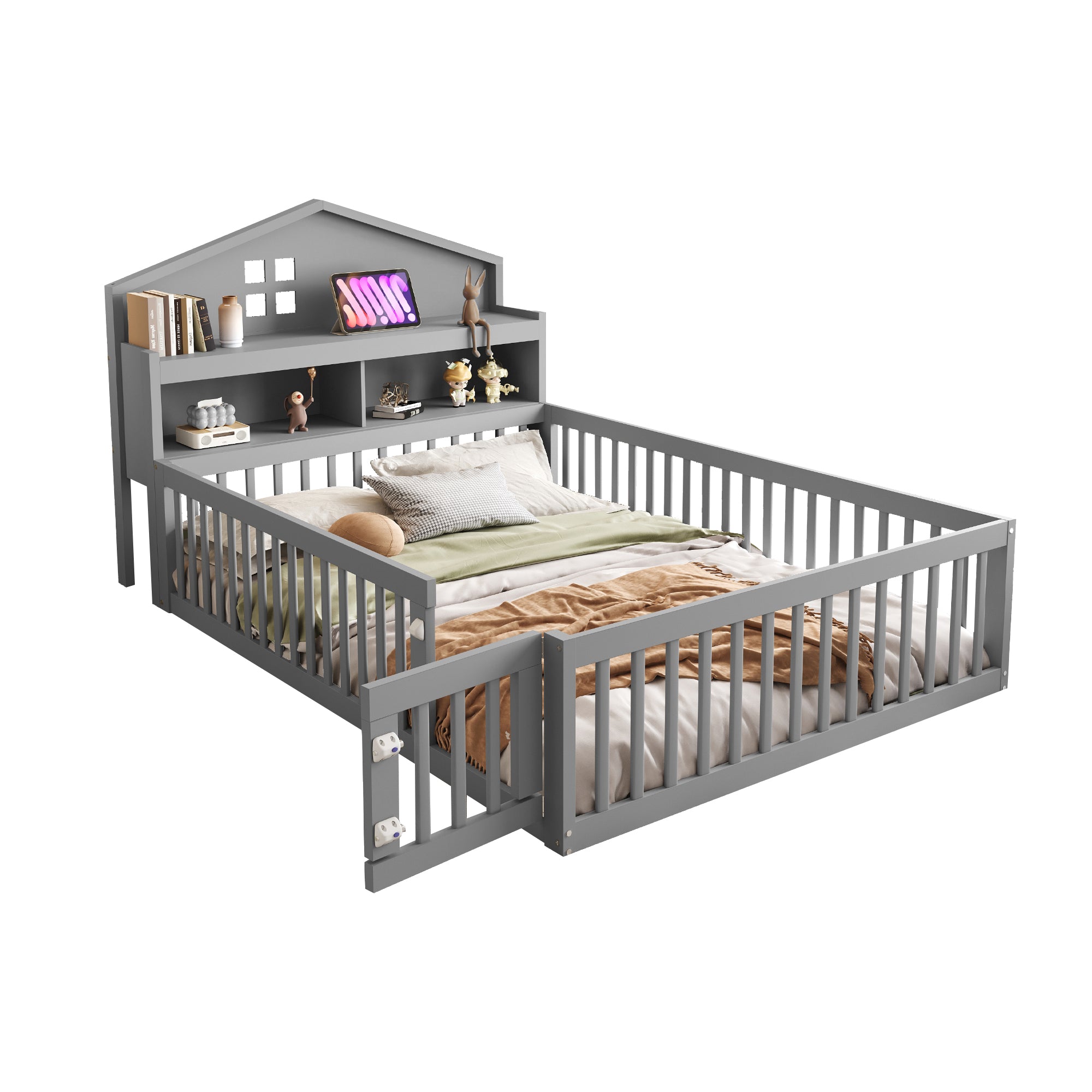 Children's Bed 140x200, House Frame with Shelves, Safety Gate & Slatted Frame, Grey Solid Wood