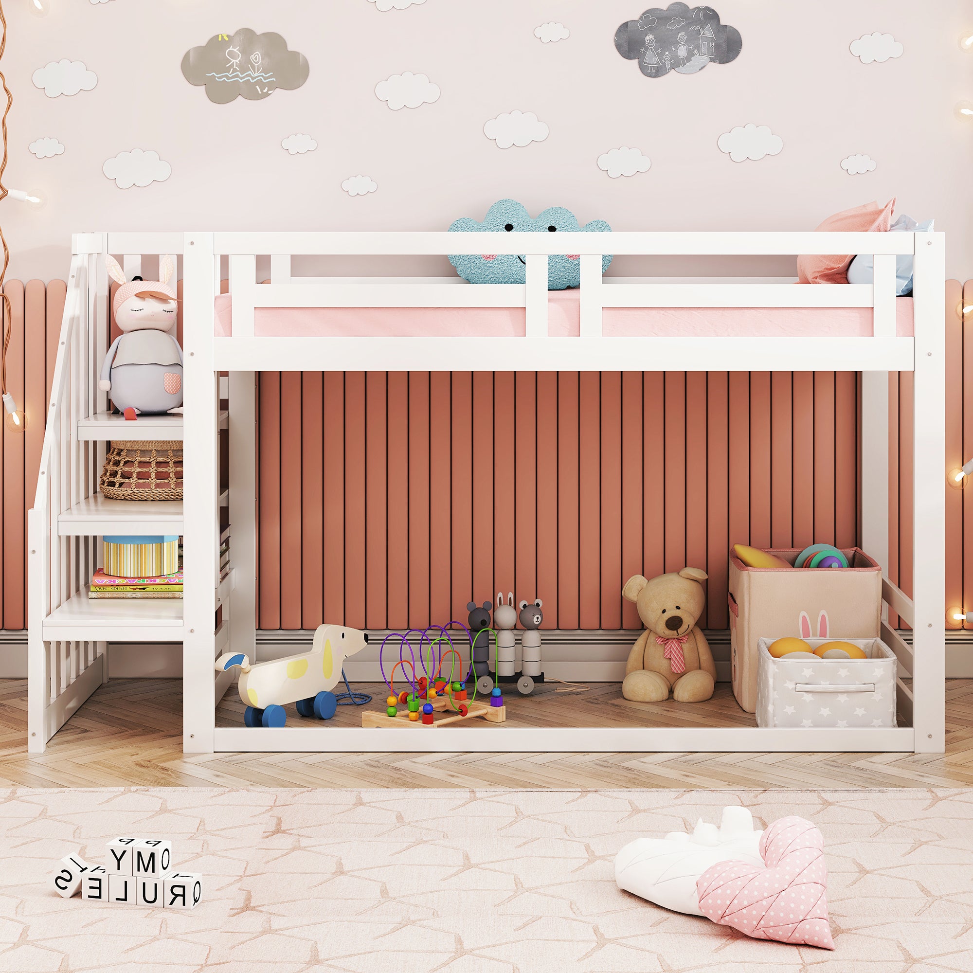 Children's Bed, Low Bunk with Safety Stairs, Solid Wood, White