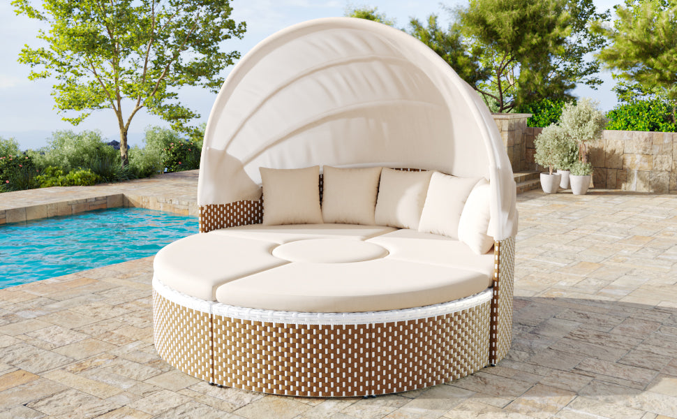 Sun Island Garden Lounge Set Rattan Extendable Canopy Liftable Table Beige