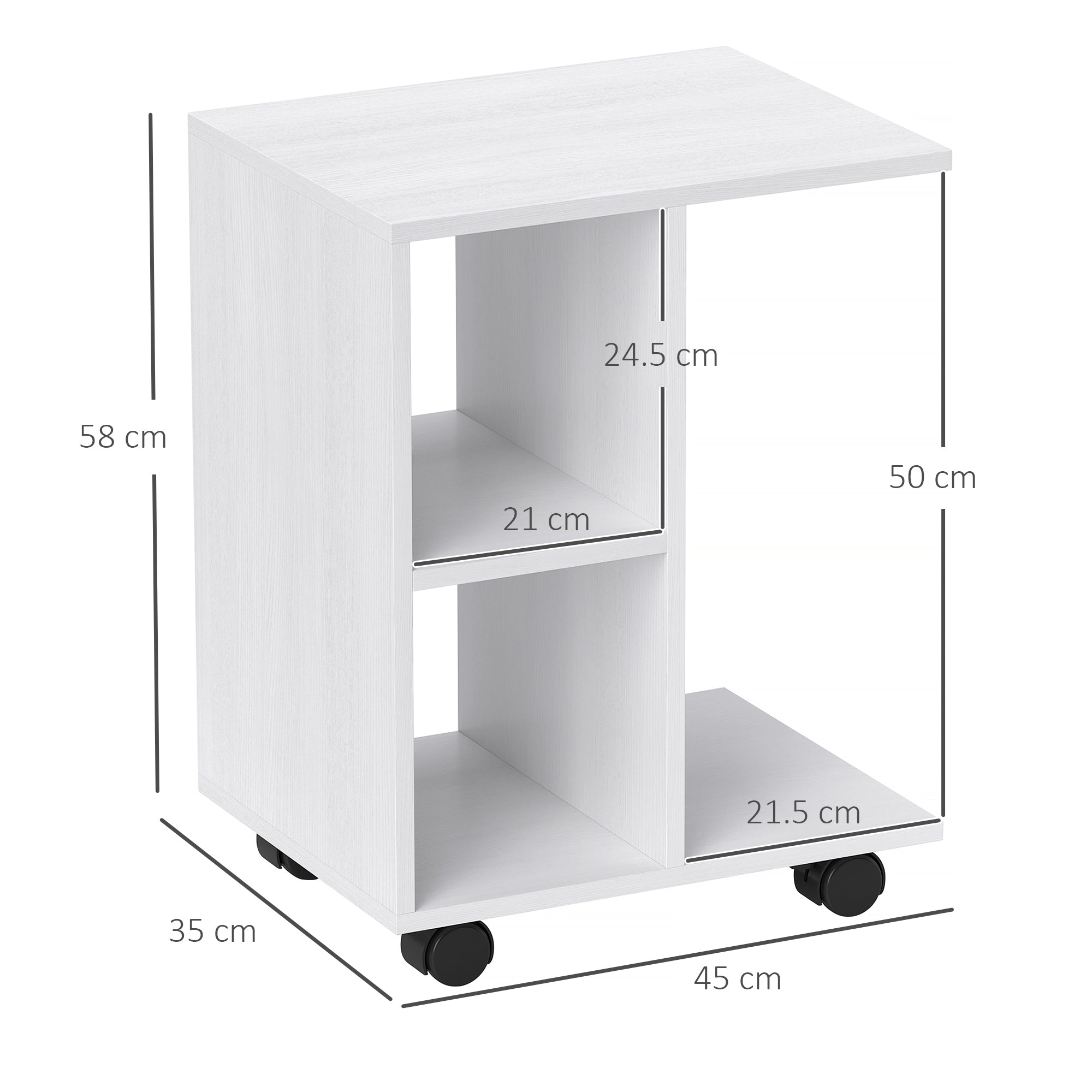 C-shaped Side Table Portable with Wheels 45 x 35 x 58 cm, White