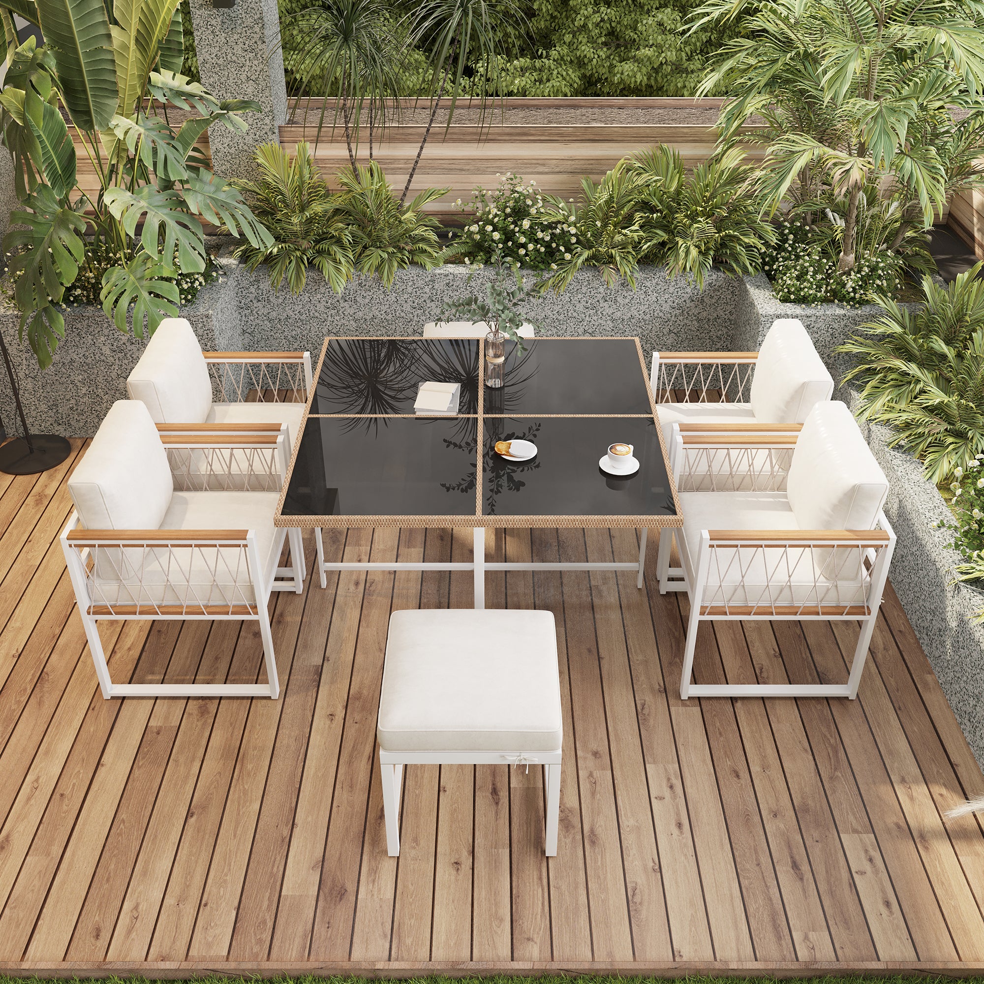 7-Piece Outdoor Dining Set, Tempered Glass PE Rattan, Acacia Wood