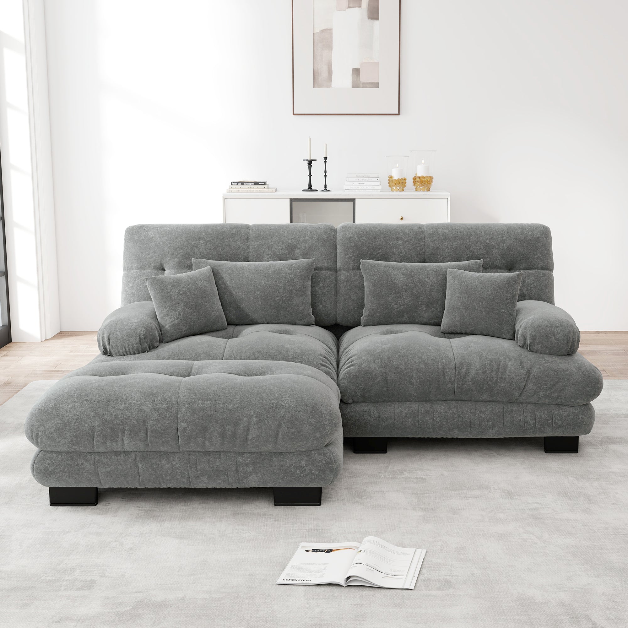 Cloud Corner Sofa, Double with Lumbar & Decorative Pillows, Wide Armrests & Ottoman, Chenille Grey
