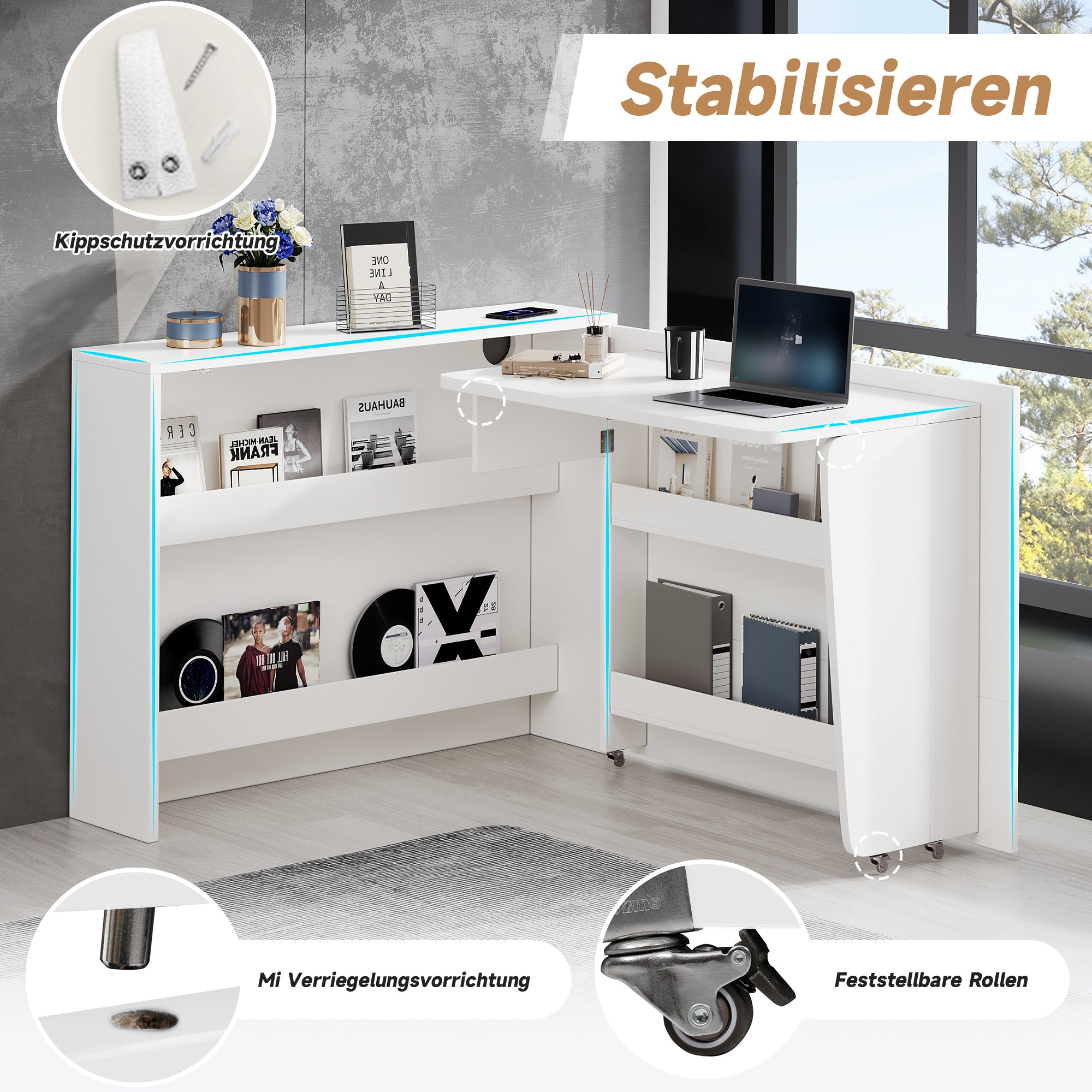 Foldable Desk, 2-in-1 Sideboard & Workstation with Wireless Charger & Wheels, White High Gloss