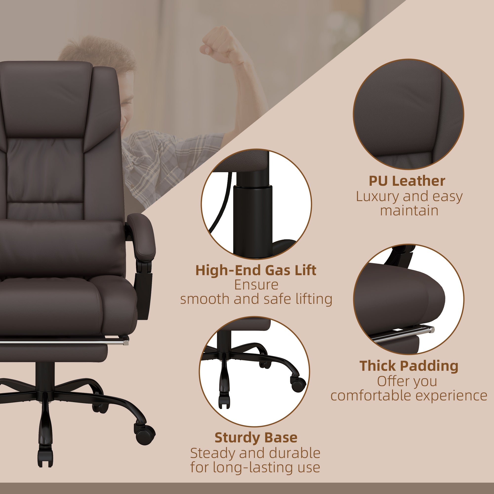 6-Point Massage Office Chair, Adjustable Height Footrest Desk Chair, Brown PU Leather