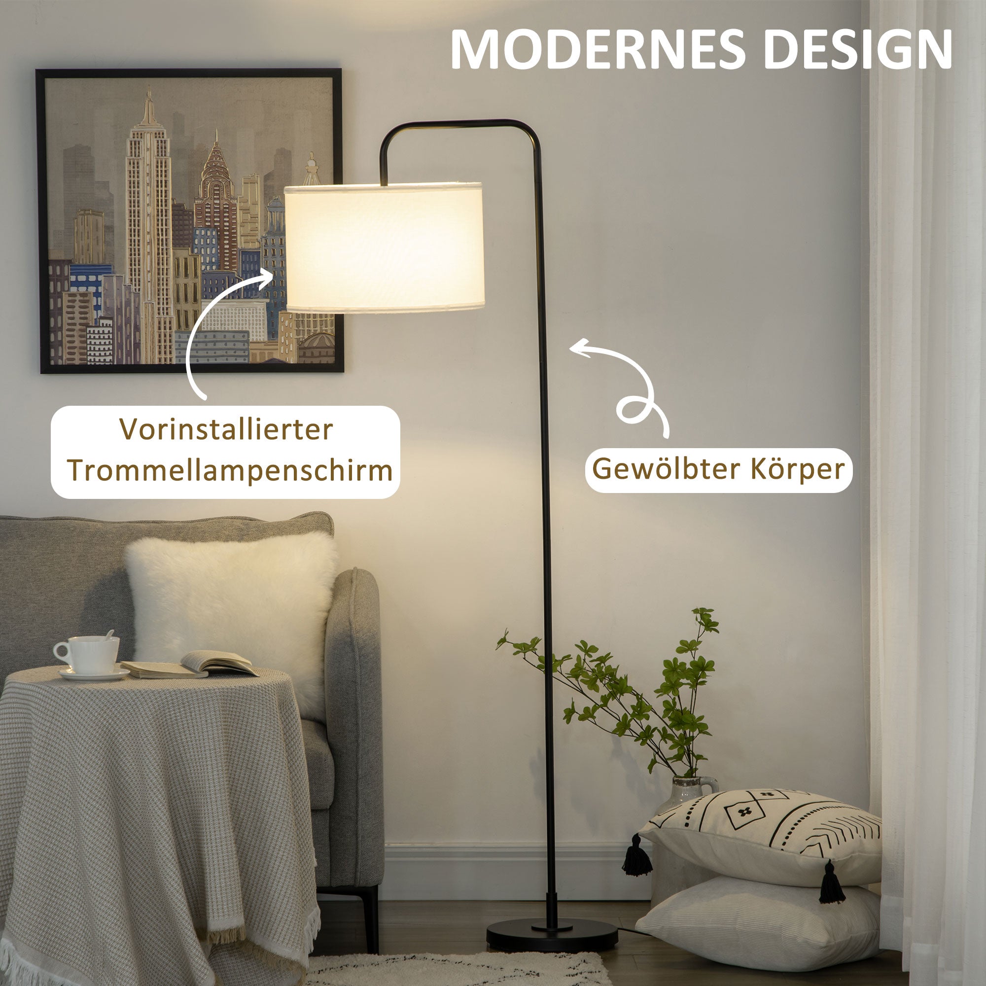 Floor Lamp Living Room Modern with Lampshade Black Metal