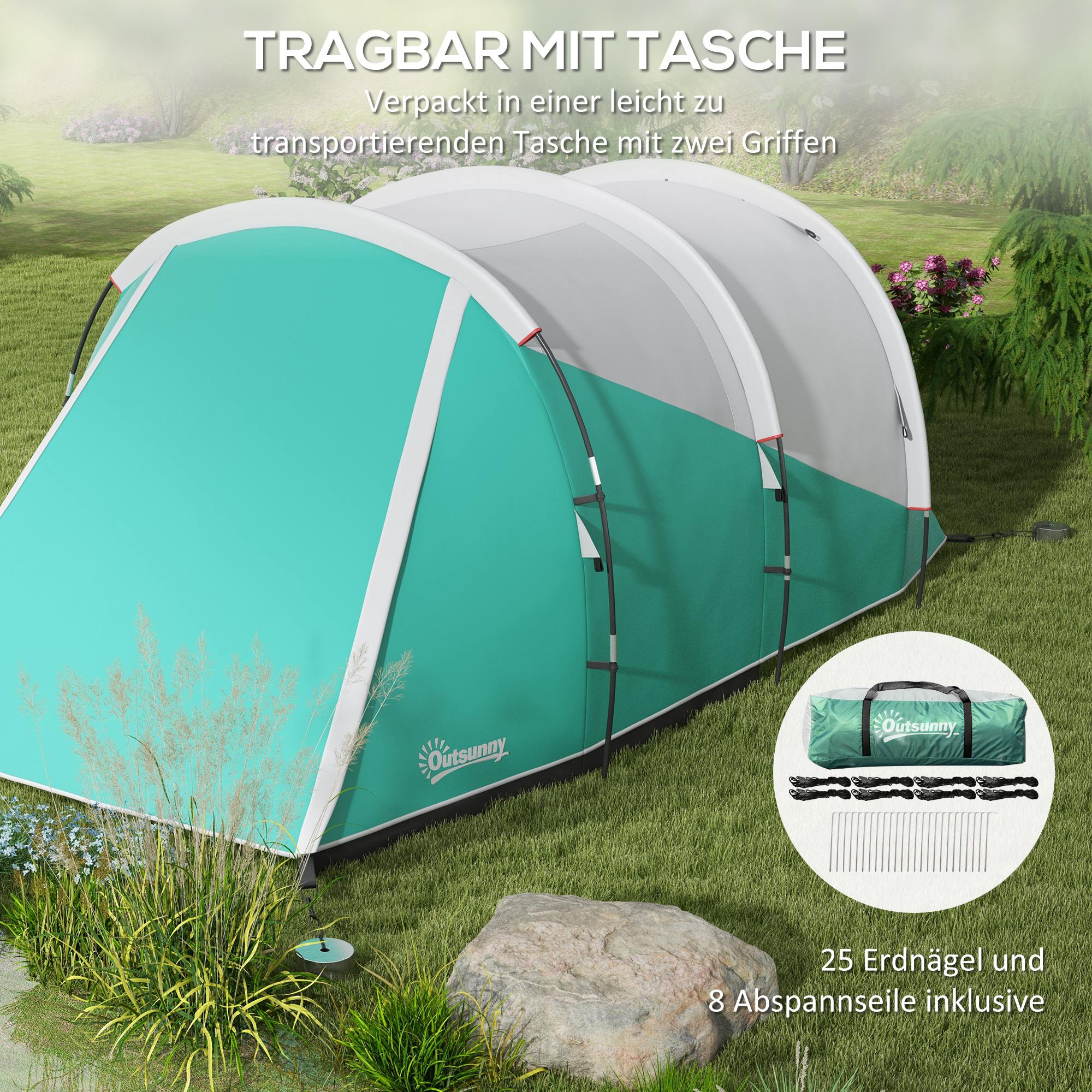 Tunnel Tent Camping Tent, 5 People Family Tent 2 Rooms, Green