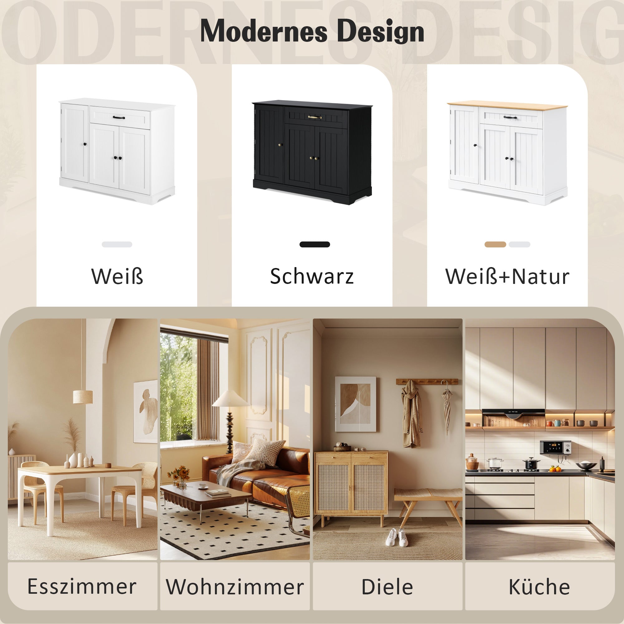 Sideboard Modern Elegant 3 Doors 1 Drawer - Black