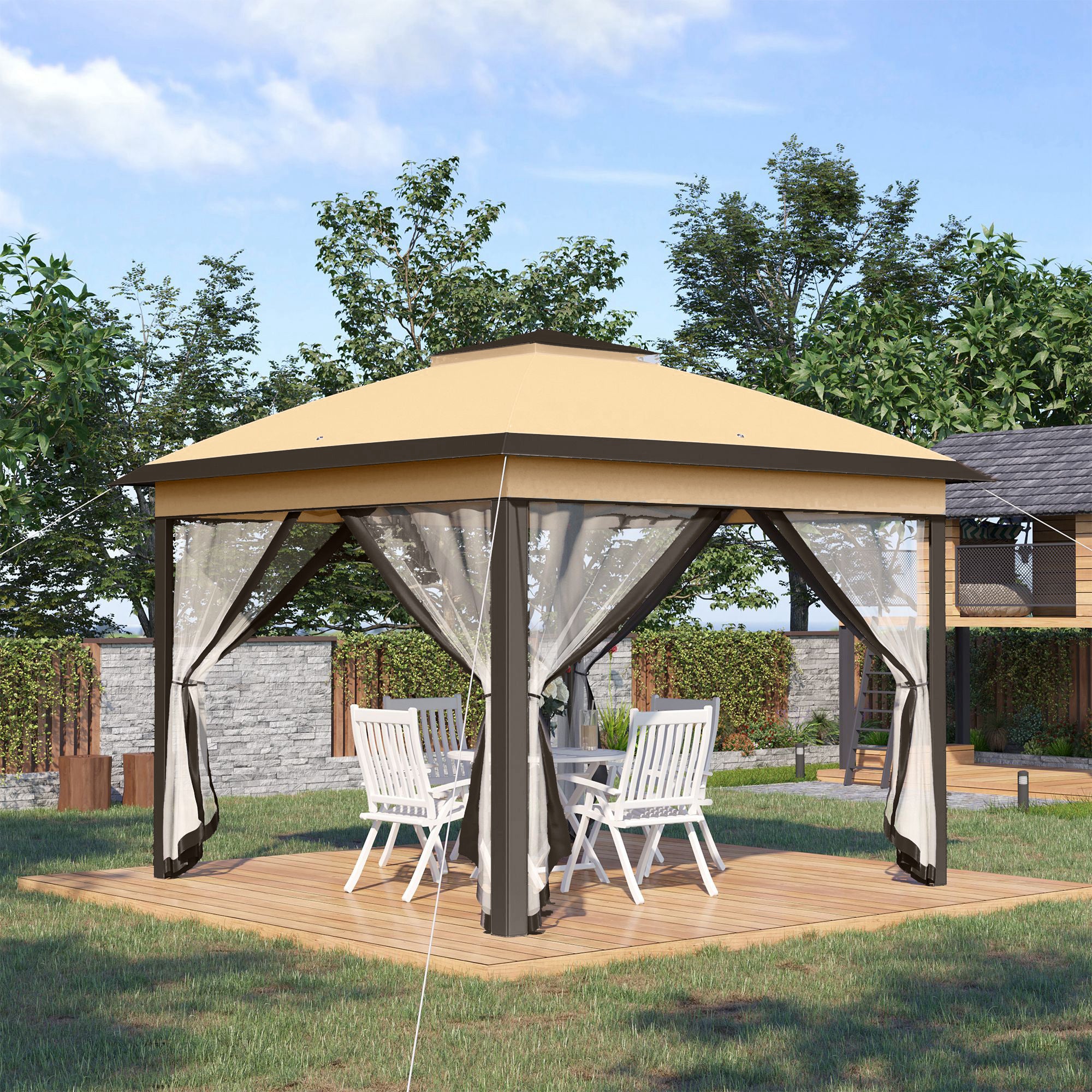 Pop Up Gazebo, 3.3 x 3.3m Double Roof Foldable with Zipped Mesh Sidewalls, Height Adjustable, Beige