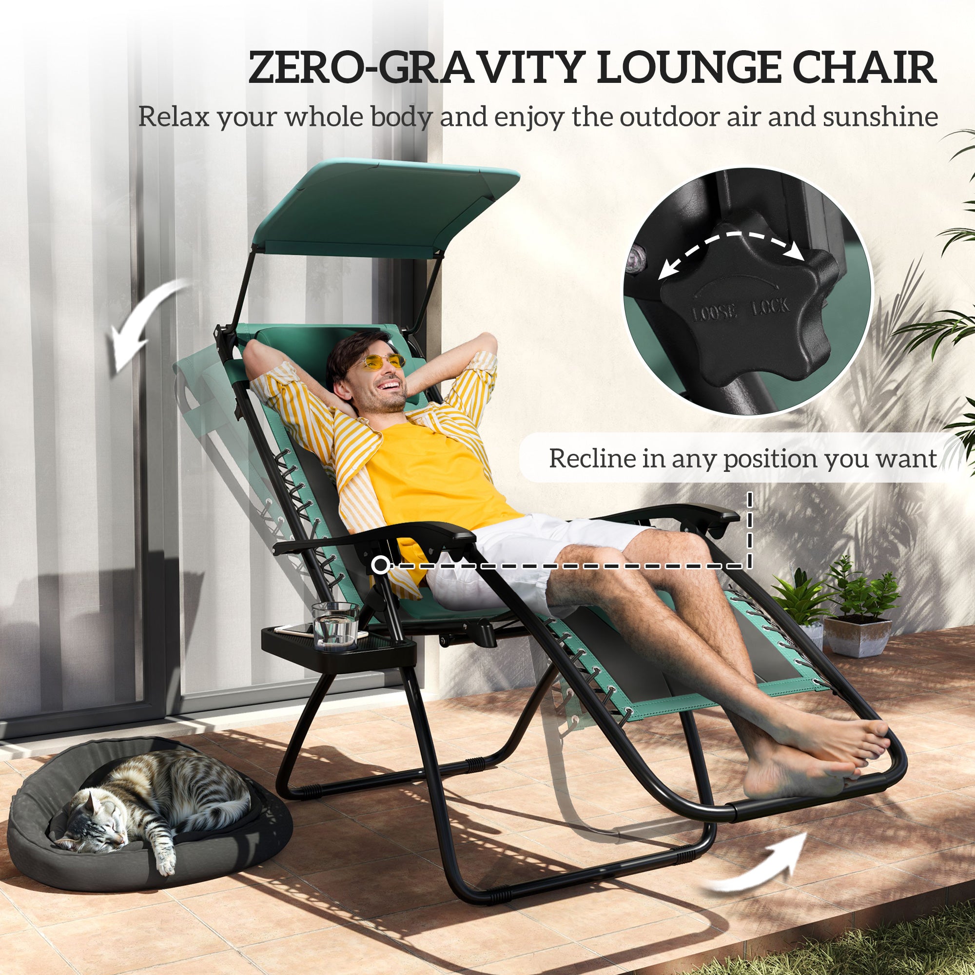 Zero Gravity Lounger Chair Set of 2, Folding Recliner with Shade Cover & Cup Holder, Green