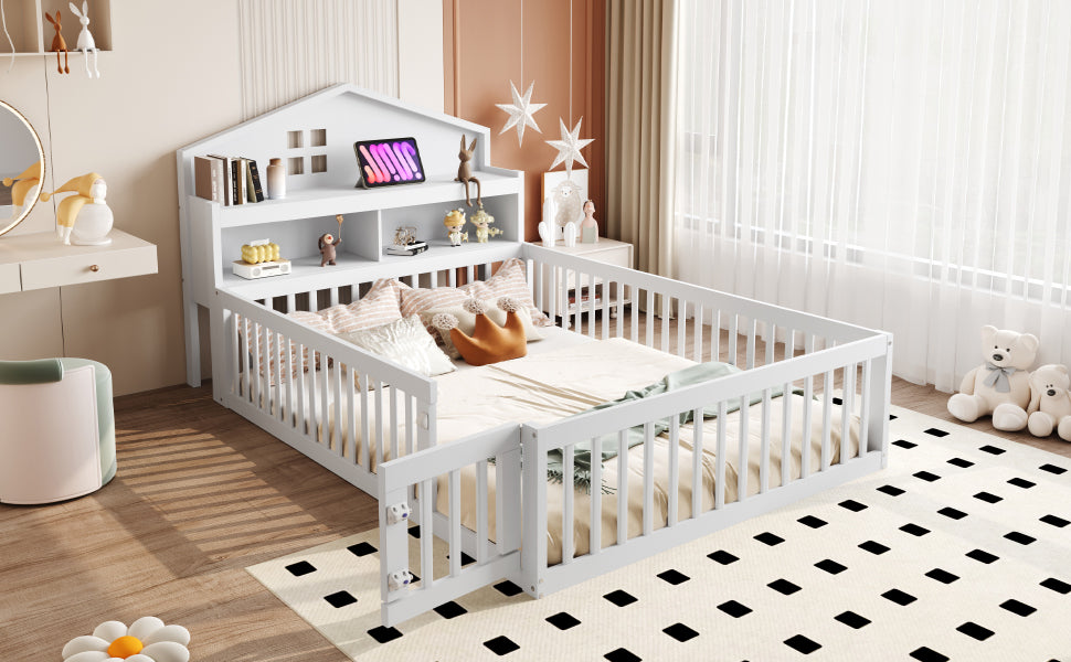 Children's Bed 140x200, Solid Wood House Frame with Shelves & Storage, White