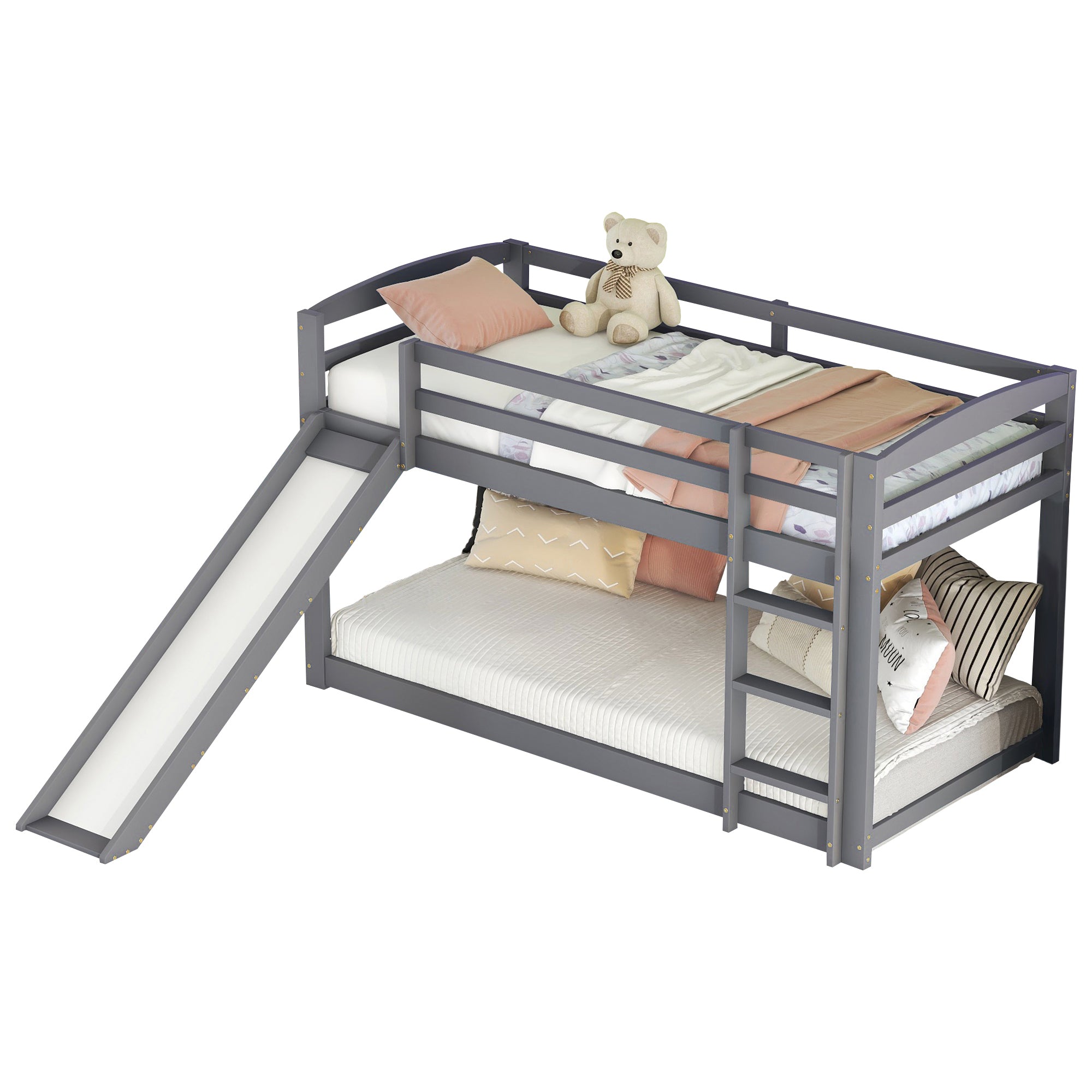 Bunk Bed 90x200cm with Slide Solid Wood Frame - Grey