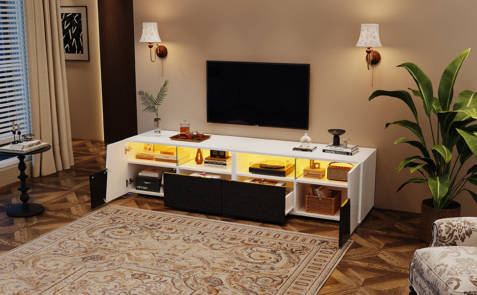 TV Stand High-gloss LED Lighting 2 Drawers 2 Cabinets 80-inch, White + Black