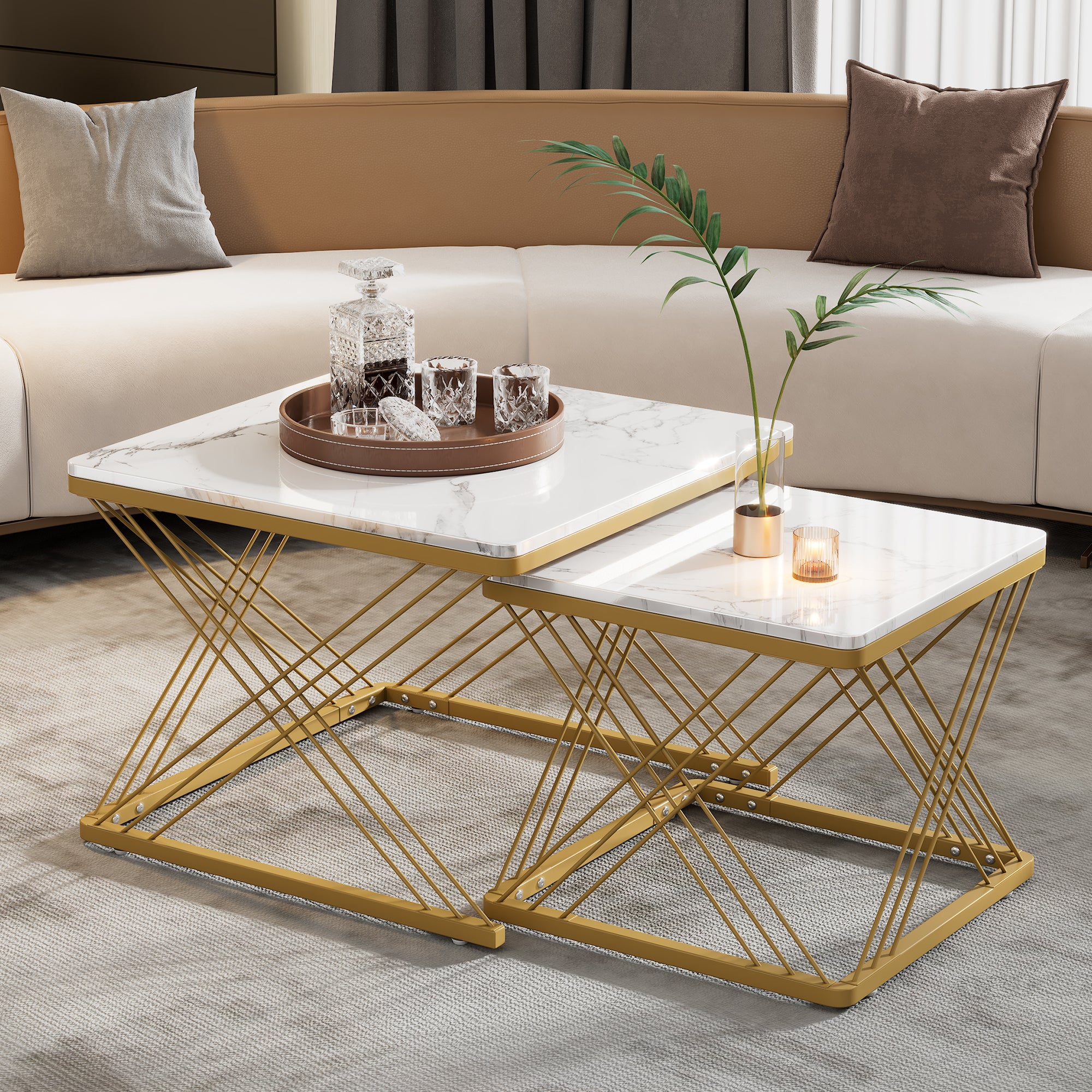 Stylish 2-Piece Coffee Table Set, Square, Adjustable, High-Gloss Marble Look