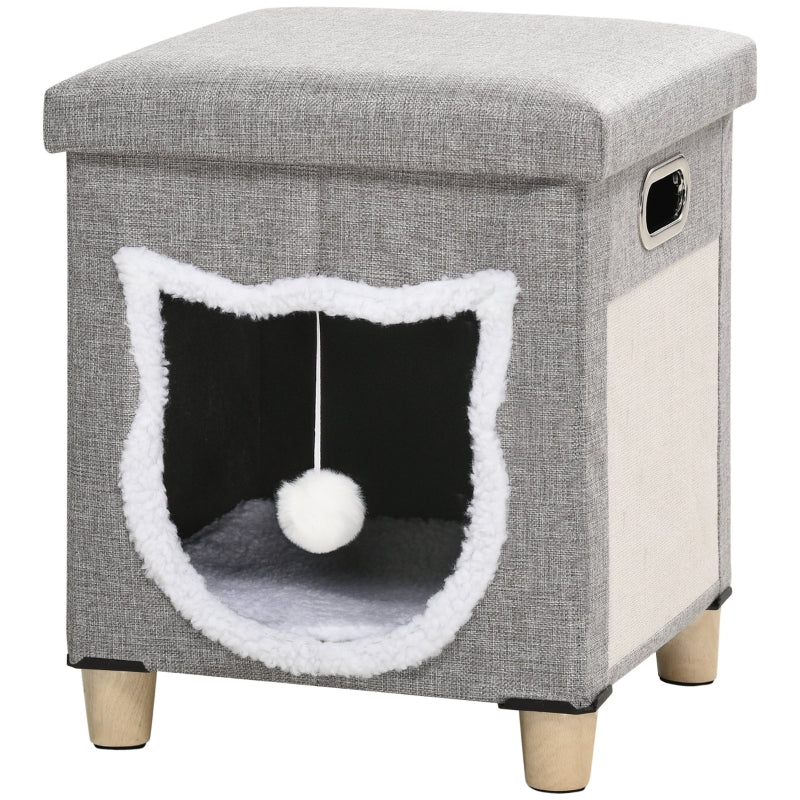 Cat House Cave Bed, Cube with Scratching Pad & Washable Cushion, Grey
