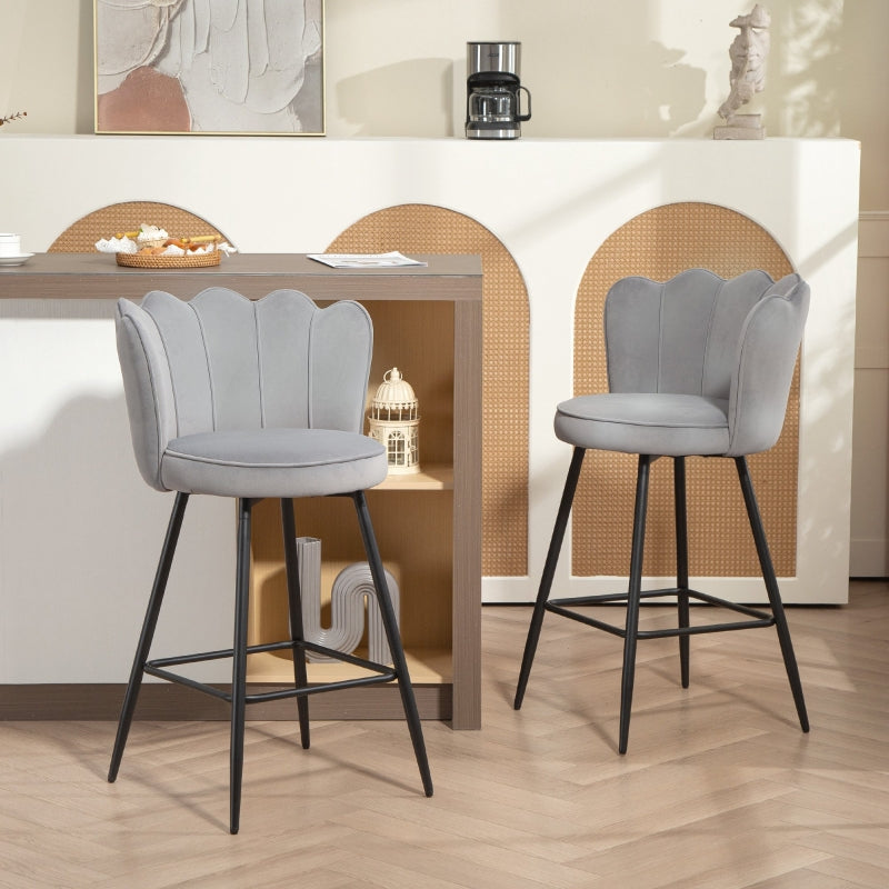 Lotus Bar Stools, Set of Two, Velvet-Feel Grey