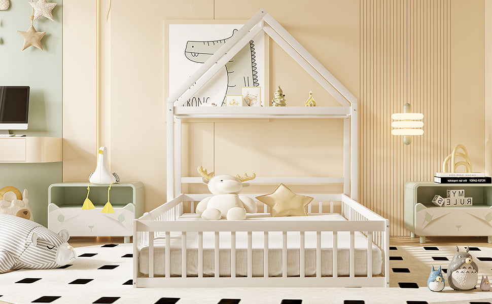 Children's Bed 140x200, Solid Wood Frame with Storage & Safety Gate, White