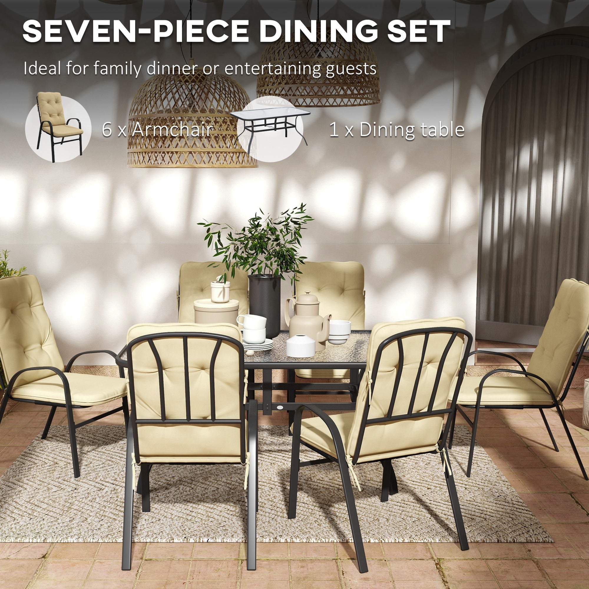 Seven-Piece Garden Dining Set with Cushions, Beige