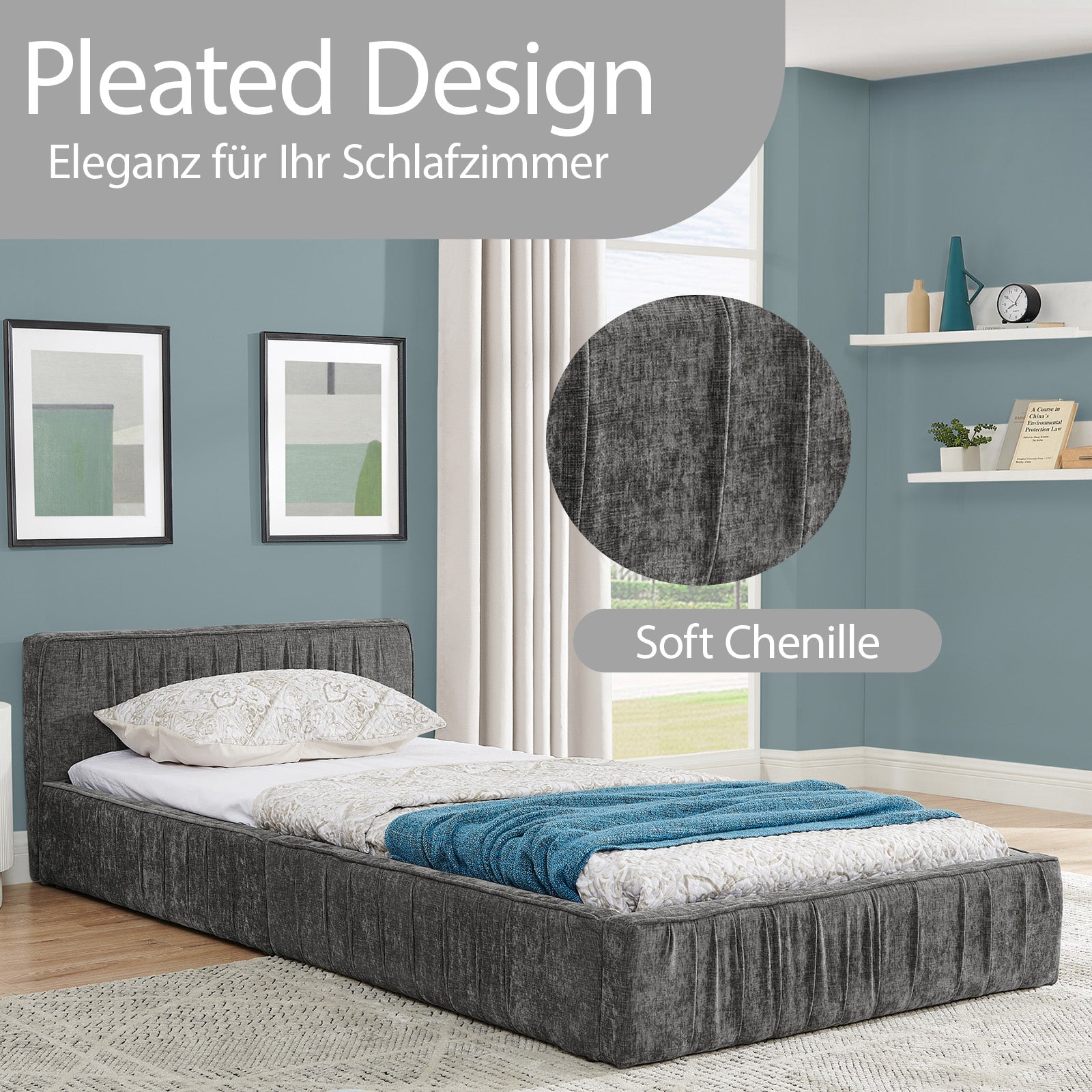 Single Bed 90x200cm Eucalyptus Wood Frame, Chenille Dark Grey