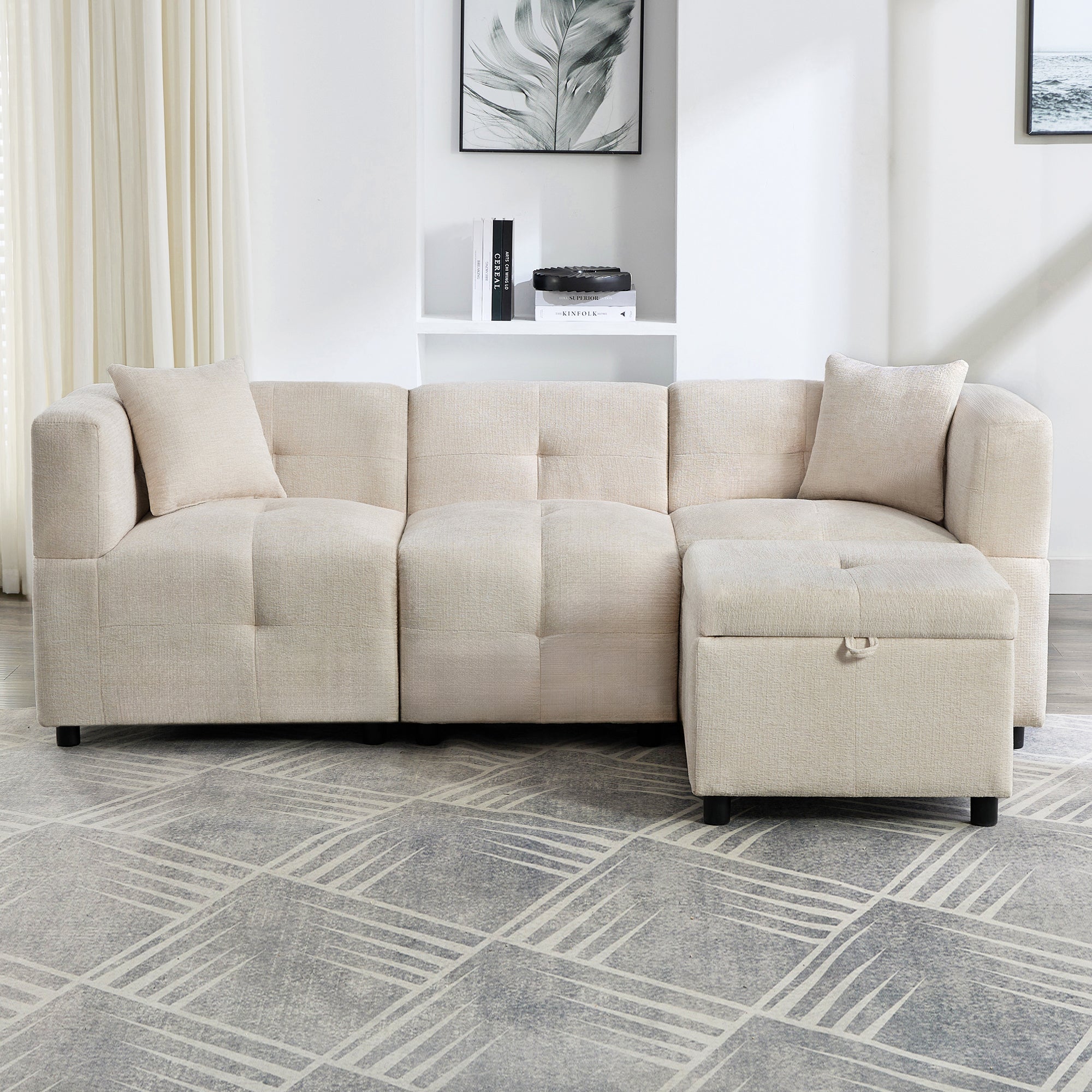 Sofa, 3-Seater L-Shaped Corner with Storage & Removable Footstool, 2 Cushions