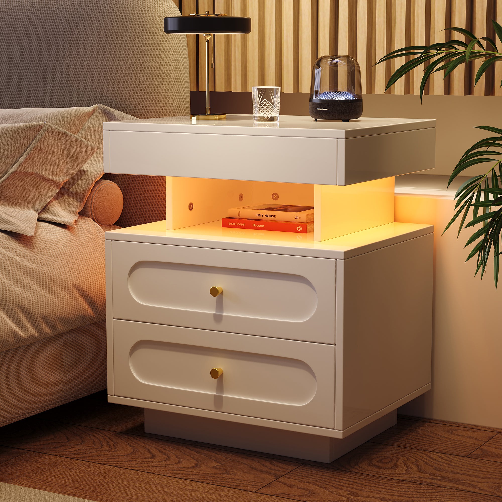 Bedside Table Nightstand with LED, 2 Drawers & Open Storage, White