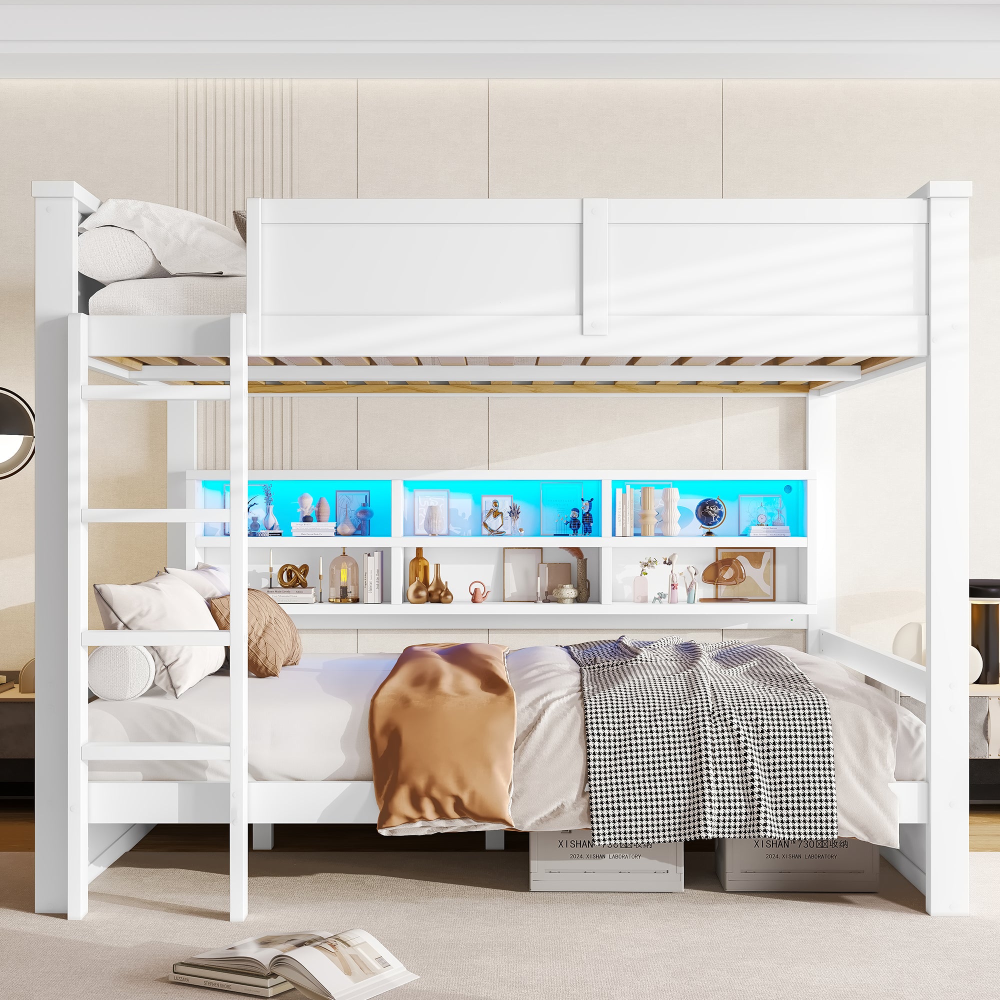 Bunk Bed 160x200 with Storage Cabinets and LED Light, White