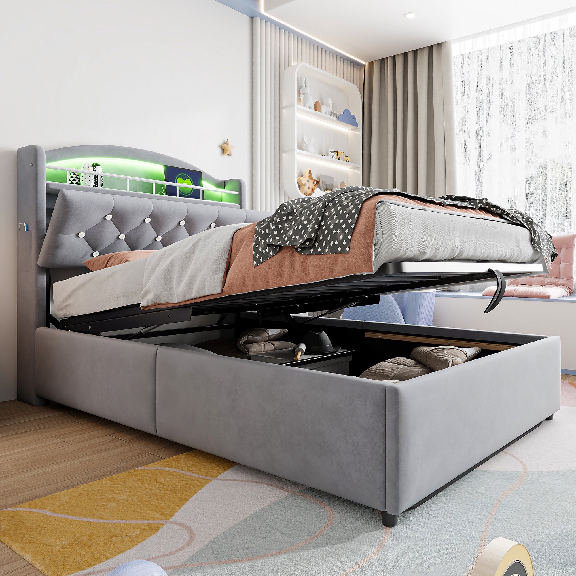 Children's Upholstered Bed, 90x200 Single with Storage, LED & USB, Grey Velvet