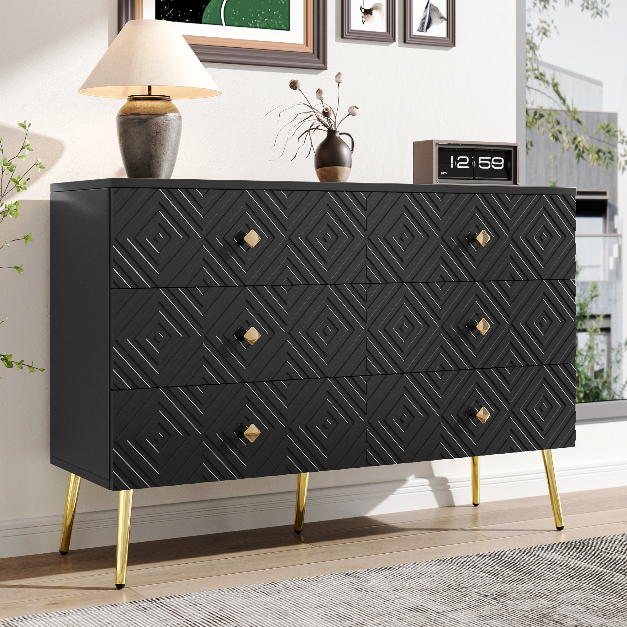 Modern 6-Drawer Chest, 120x40x80cm, Black with Gold Metal