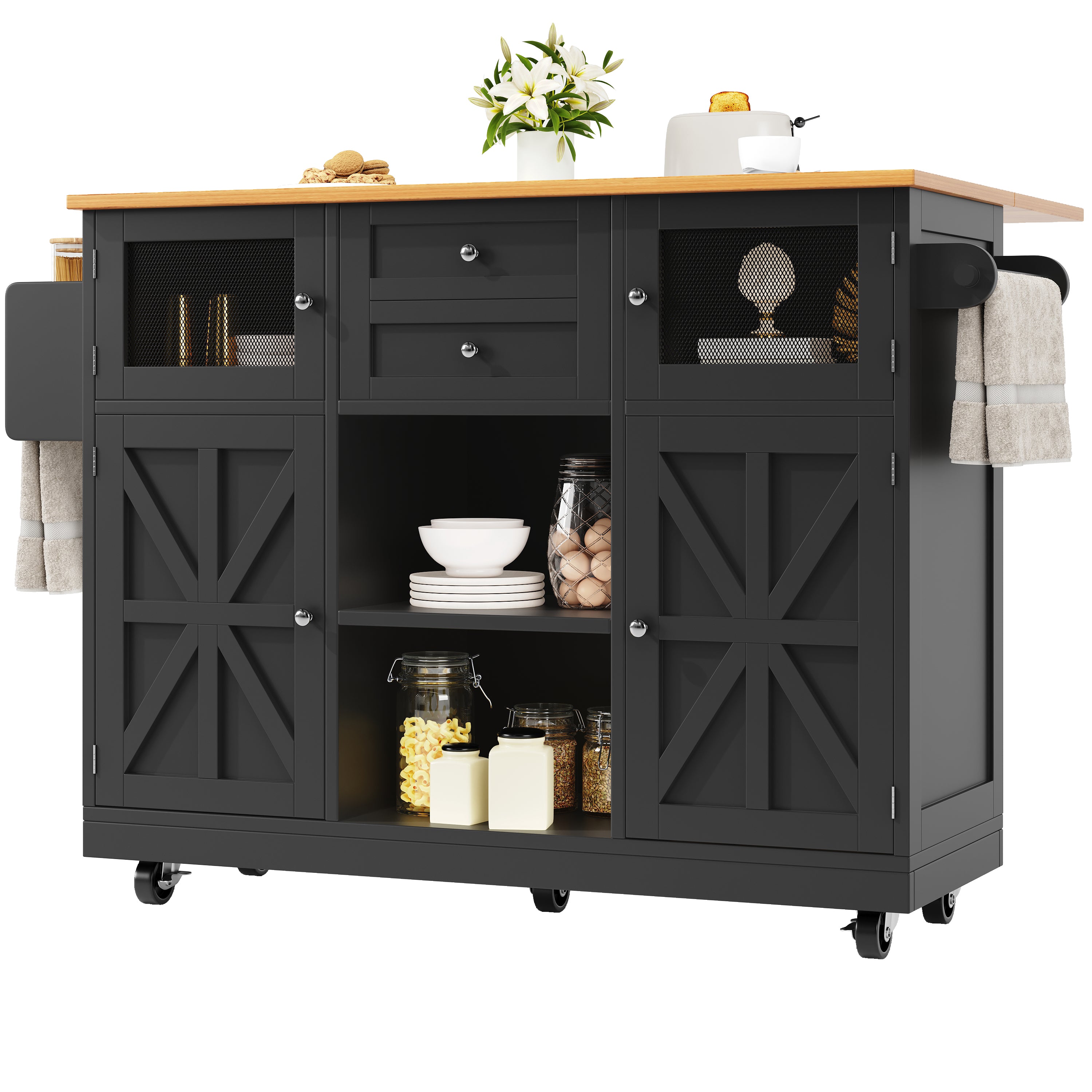 Kitchen Island Trolley Sideboard with Worktop Towel Rail Adjustable Storage Black