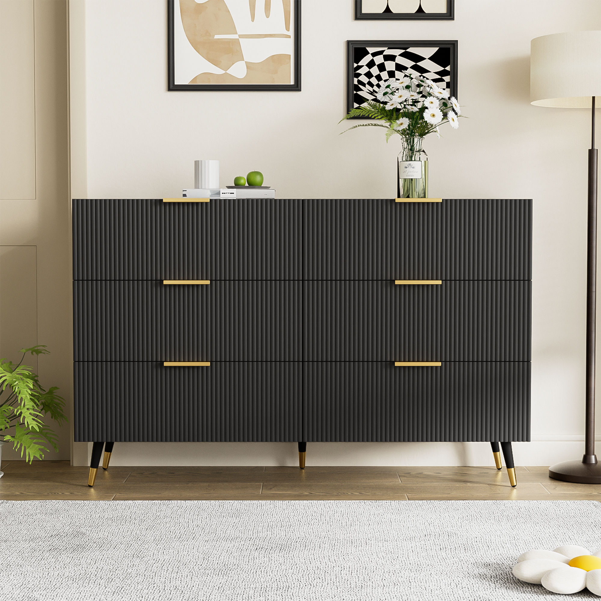Sideboard, Modern Design Chest of Drawers, Black and Gold