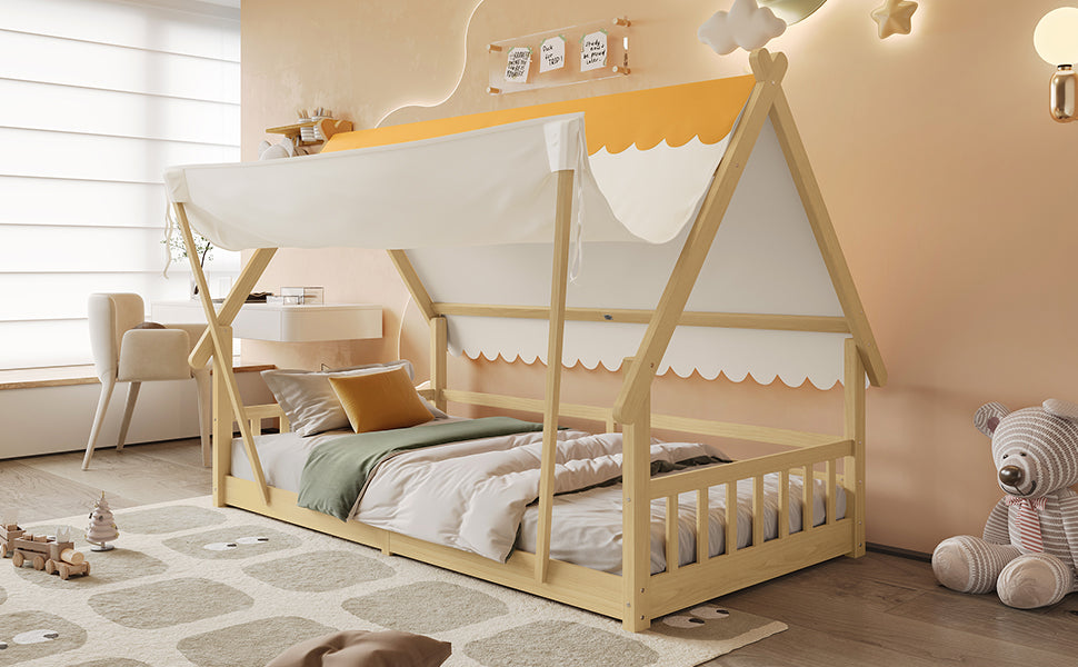Wooden Bed, Children's Single with Removable Tent & Safety Railing, Pine + Plywood, Natural