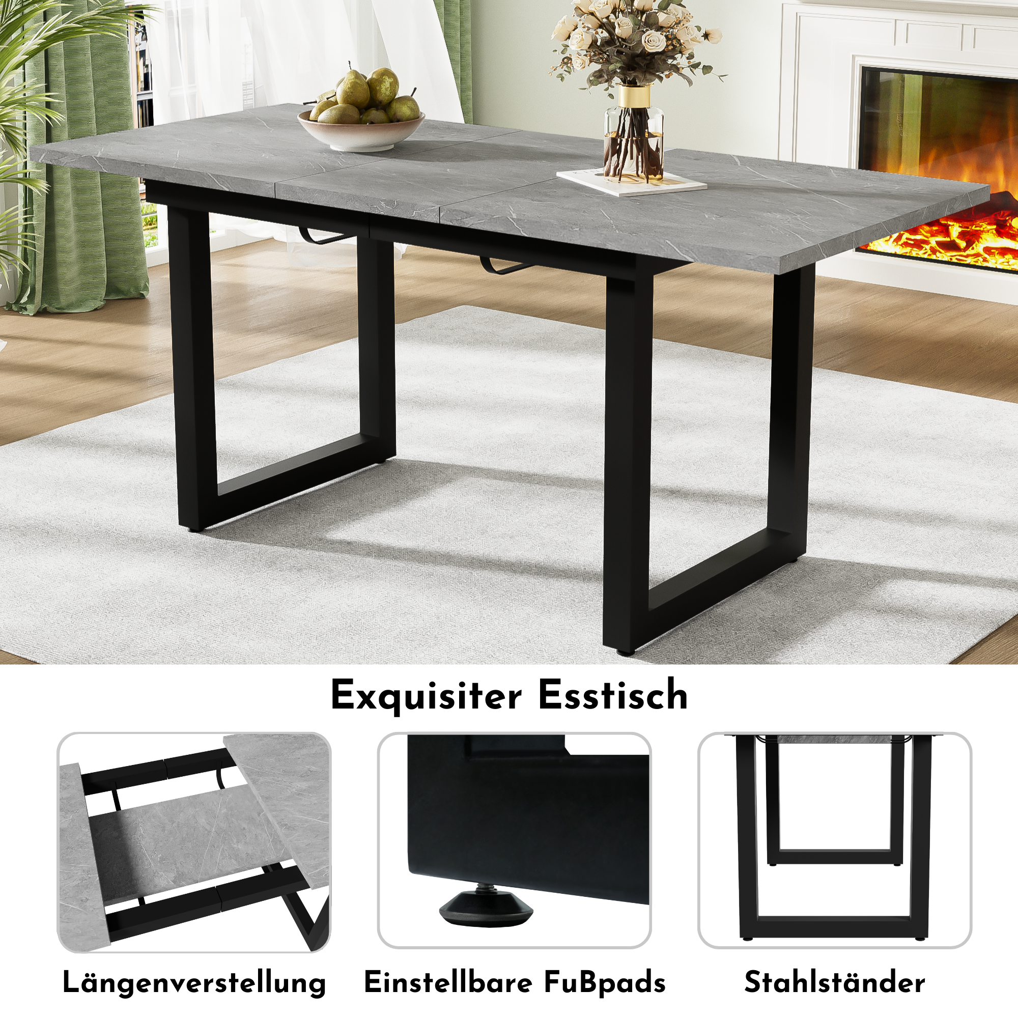 Extendable Dining Table 140/180cm Rectangular Industrial Style - Concrete Look/Black