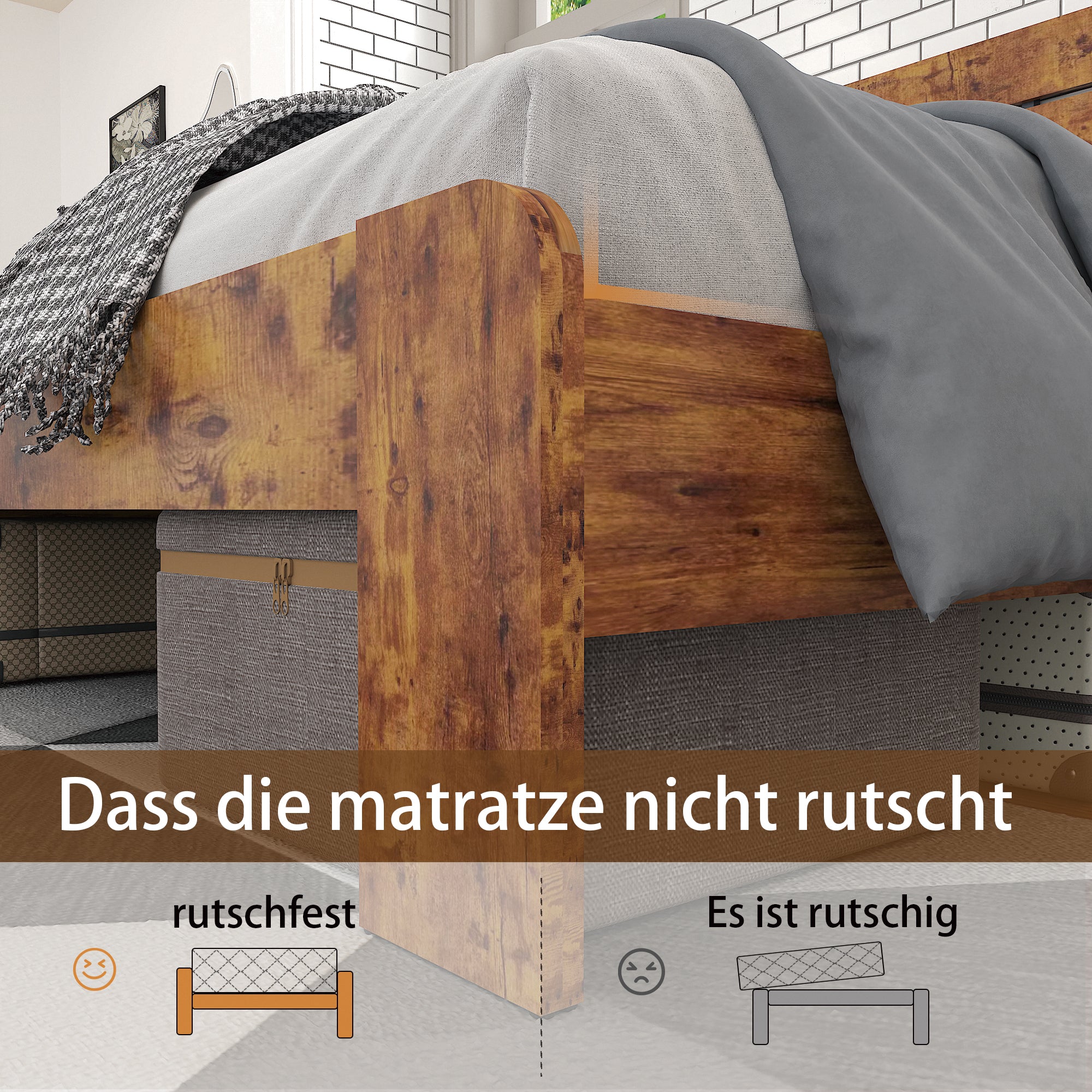 Wooden Double Bed, Antique 180x200cm High Headboard Slatted Frame, Wood/Iron