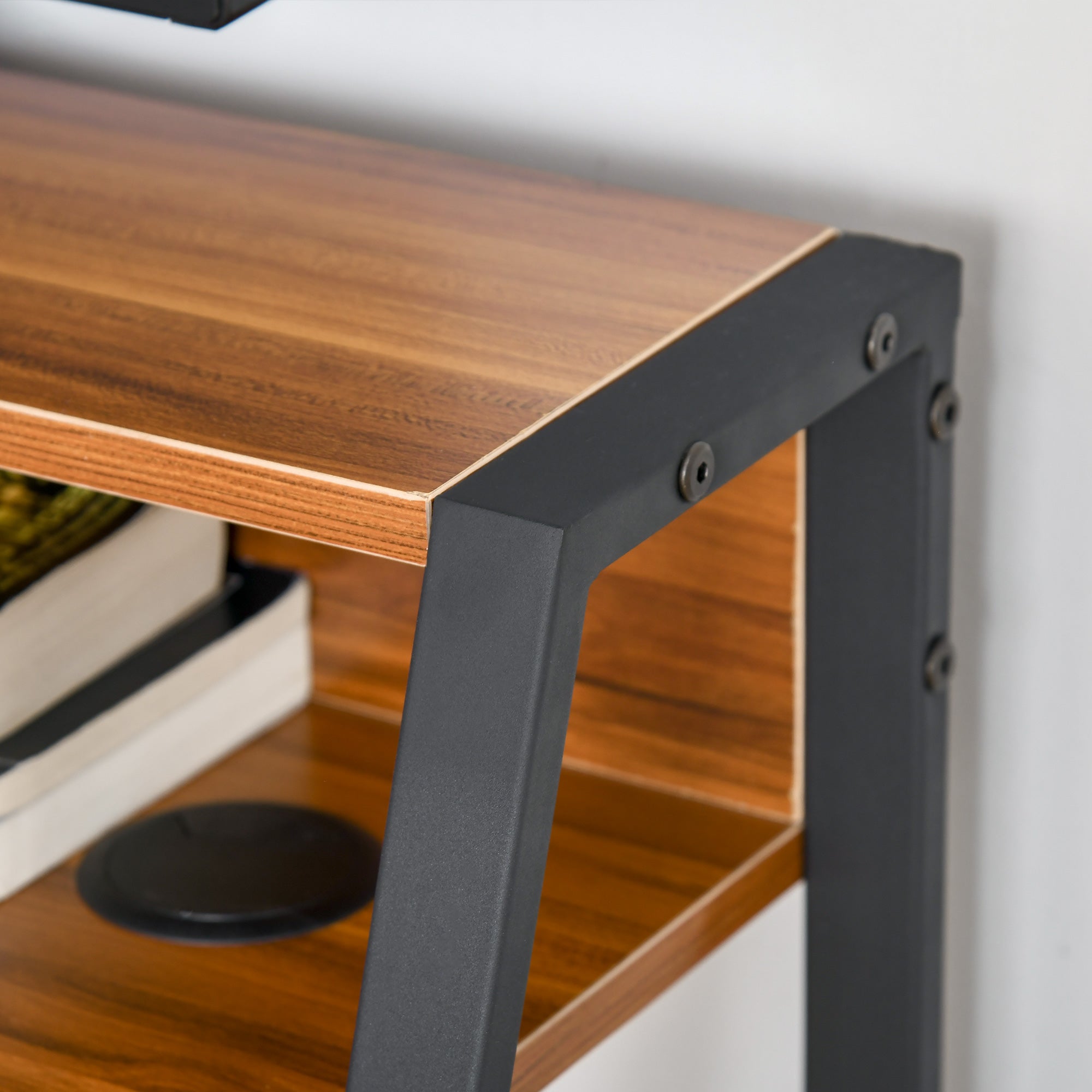 Desk Computer Table, Storage & Cable Management, Metal Walnut