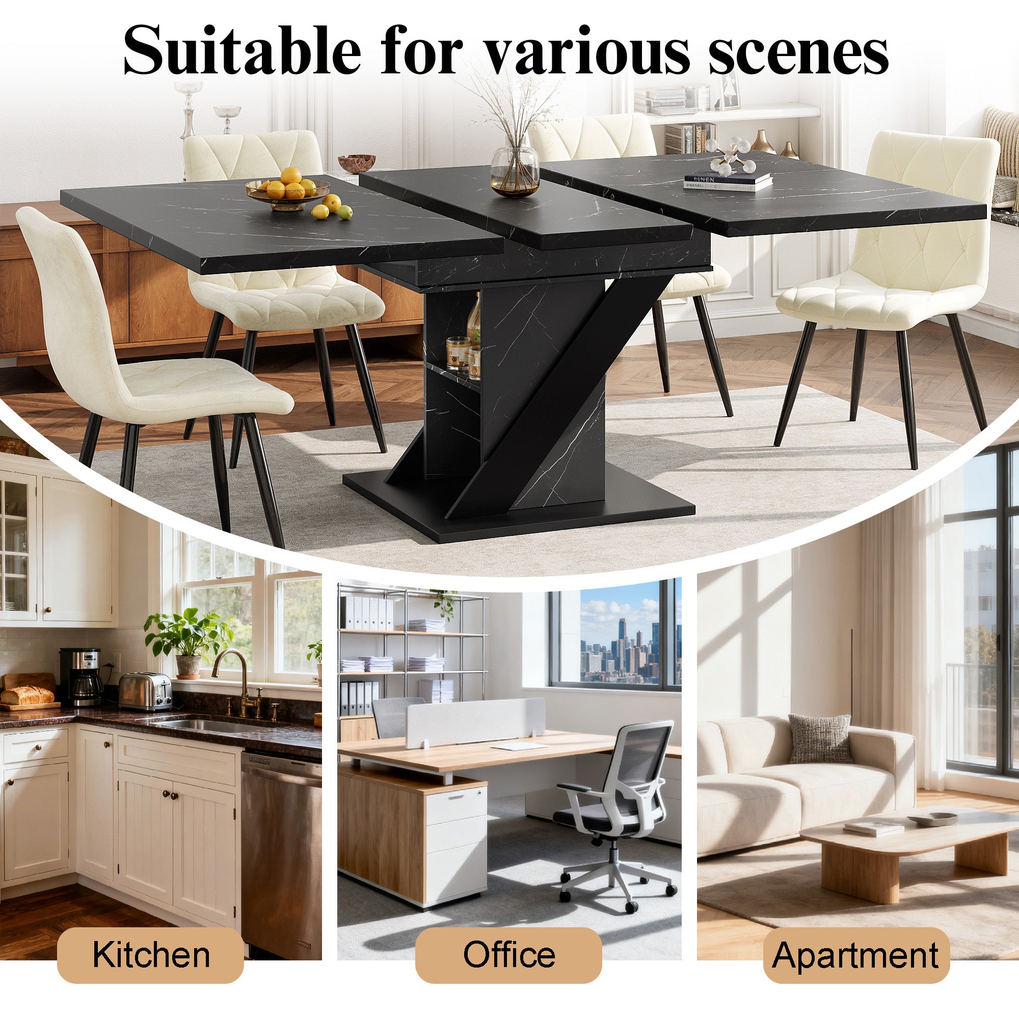 Telescopic Dining Table 110-140x80cm Extendable - Black Marble Look